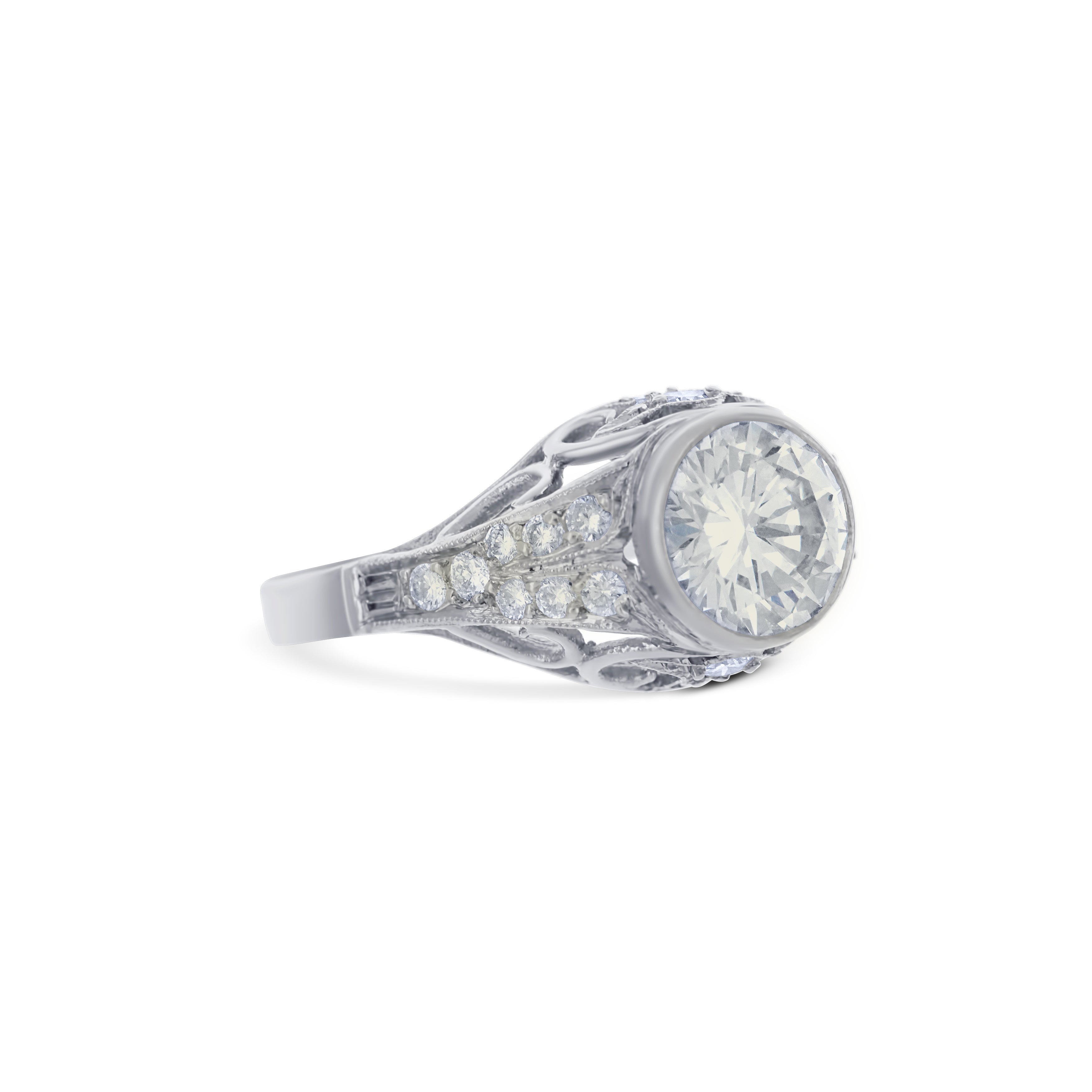 Platinum Filigree Dome Ring With A 1.46 Carat Bezel Set Round Brilliant Diamond