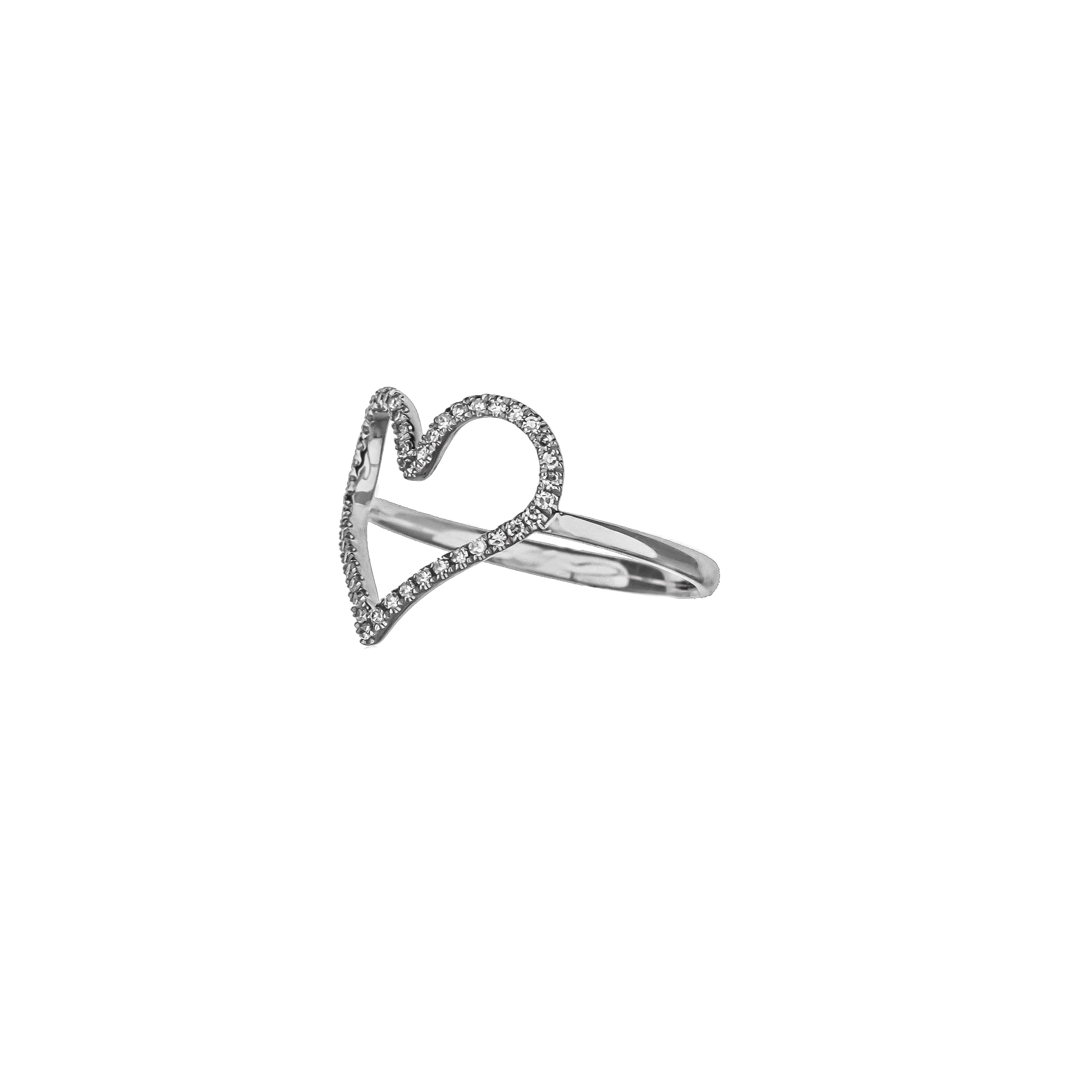 14K White Gold Open Heart Shape Ring With Prong Set Round Diamonds
