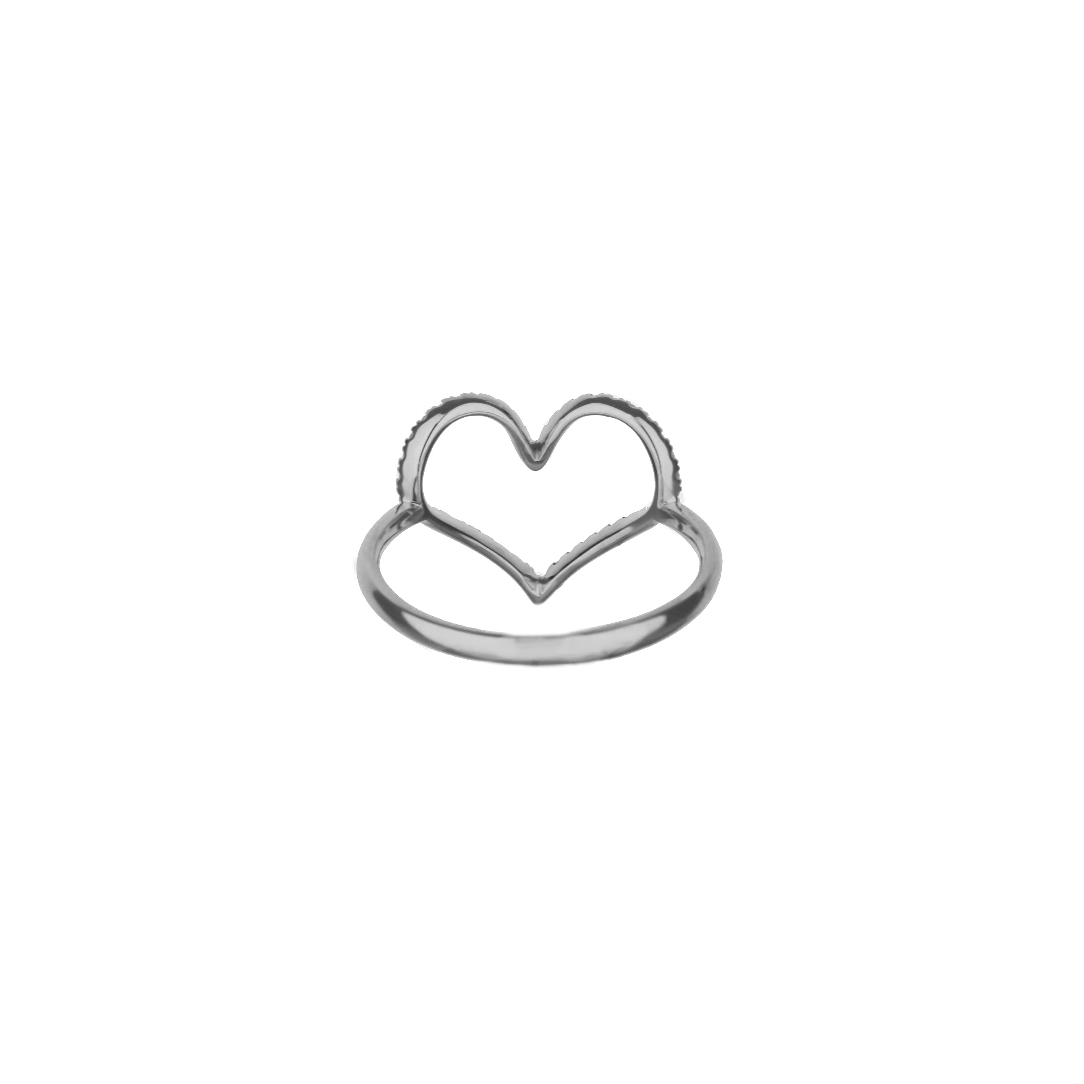 14K White Gold Open Heart Shape Ring With Prong Set Round Diamonds
