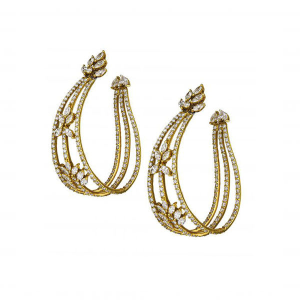 18K Yellow Gold Unique Diamond Hoop Earrings With Leaf Detail