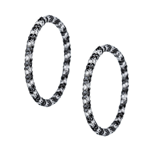 Black Rhodium 18K White Gold Round White And Black Diamond Twisted Design Inside Out Style Hoop Earrings.