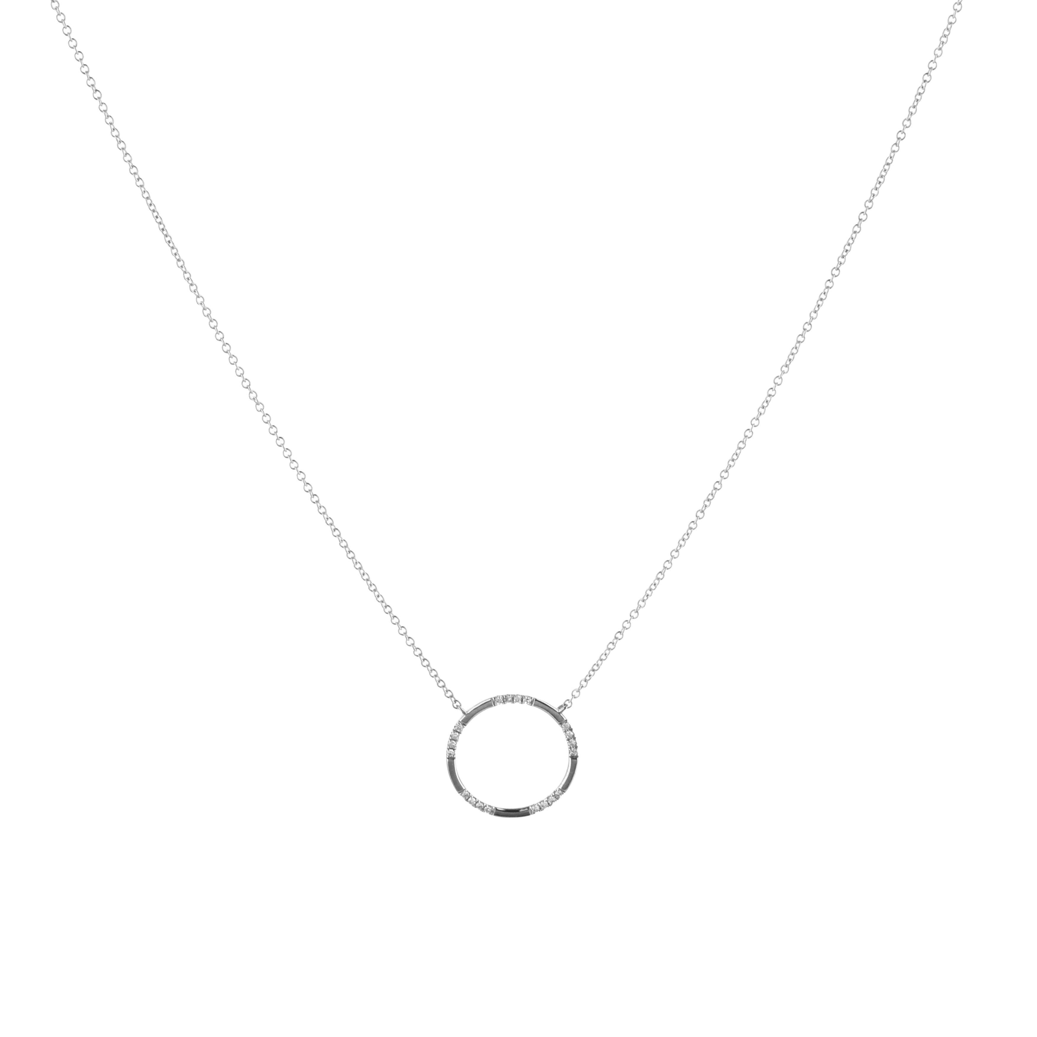 14K White Gold Prong Set Round Diamond Circle Necklace