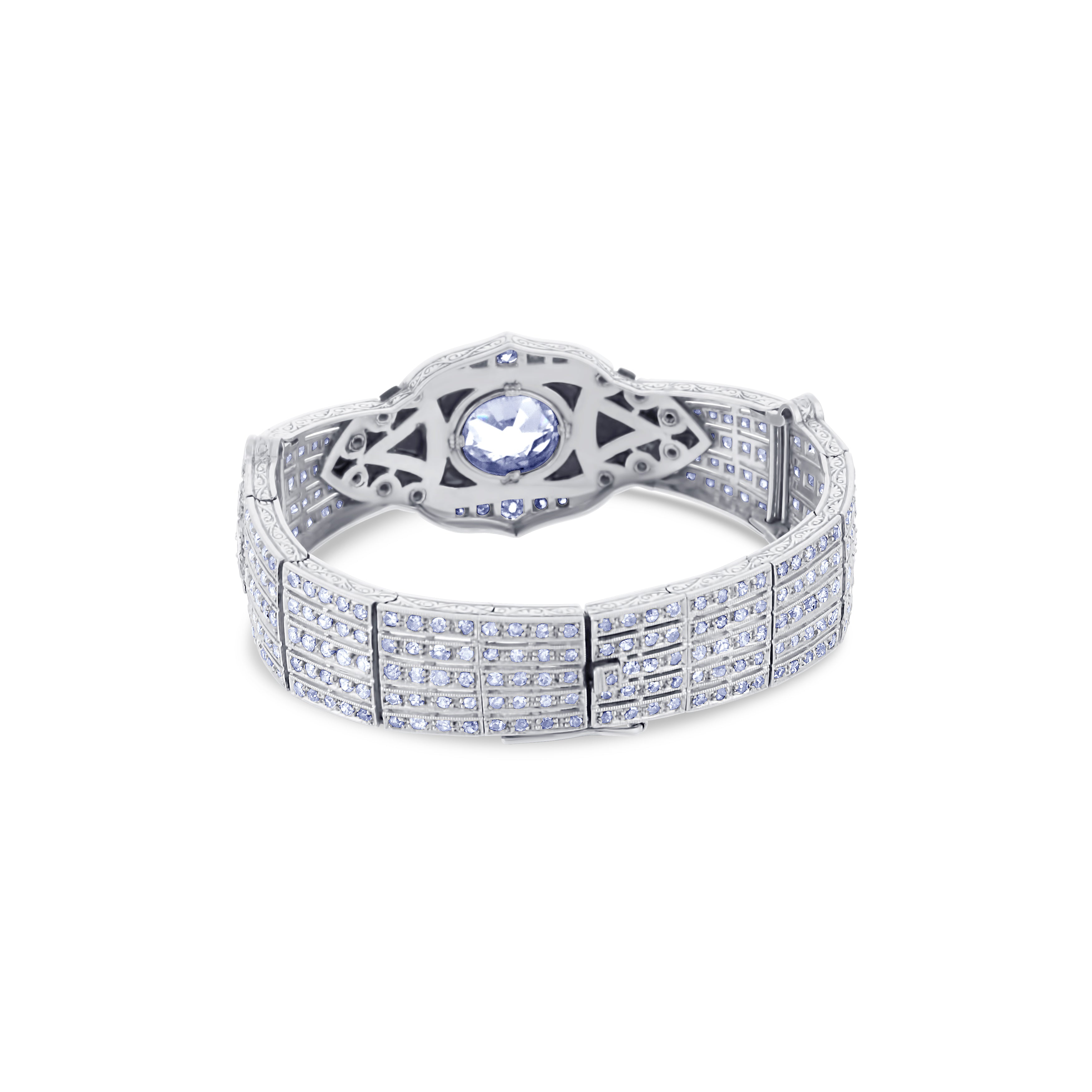 18K White Gold Vintage Diamond And Onyx Plate Bracelet Bezel Set