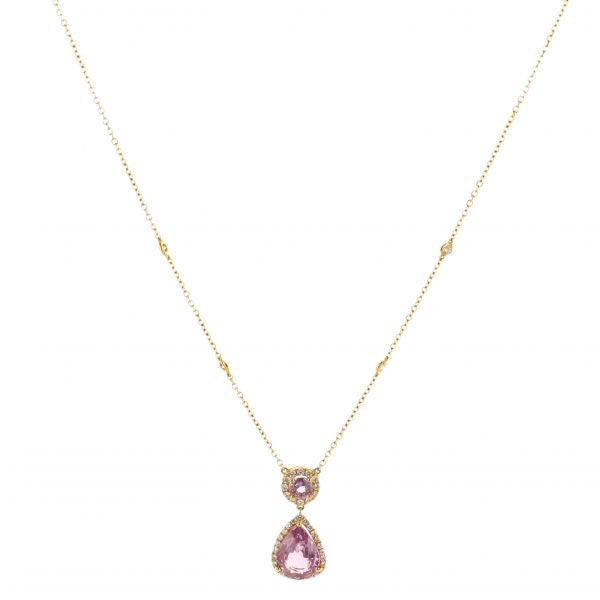 18K Rose Gold Pear-Cut Pink Sapphire In Diamond Halo Pendant Necklace