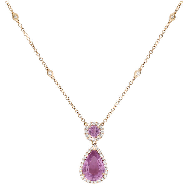 18K Rose Gold Pear-Cut Pink Sapphire In Diamond Halo Pendant Necklace