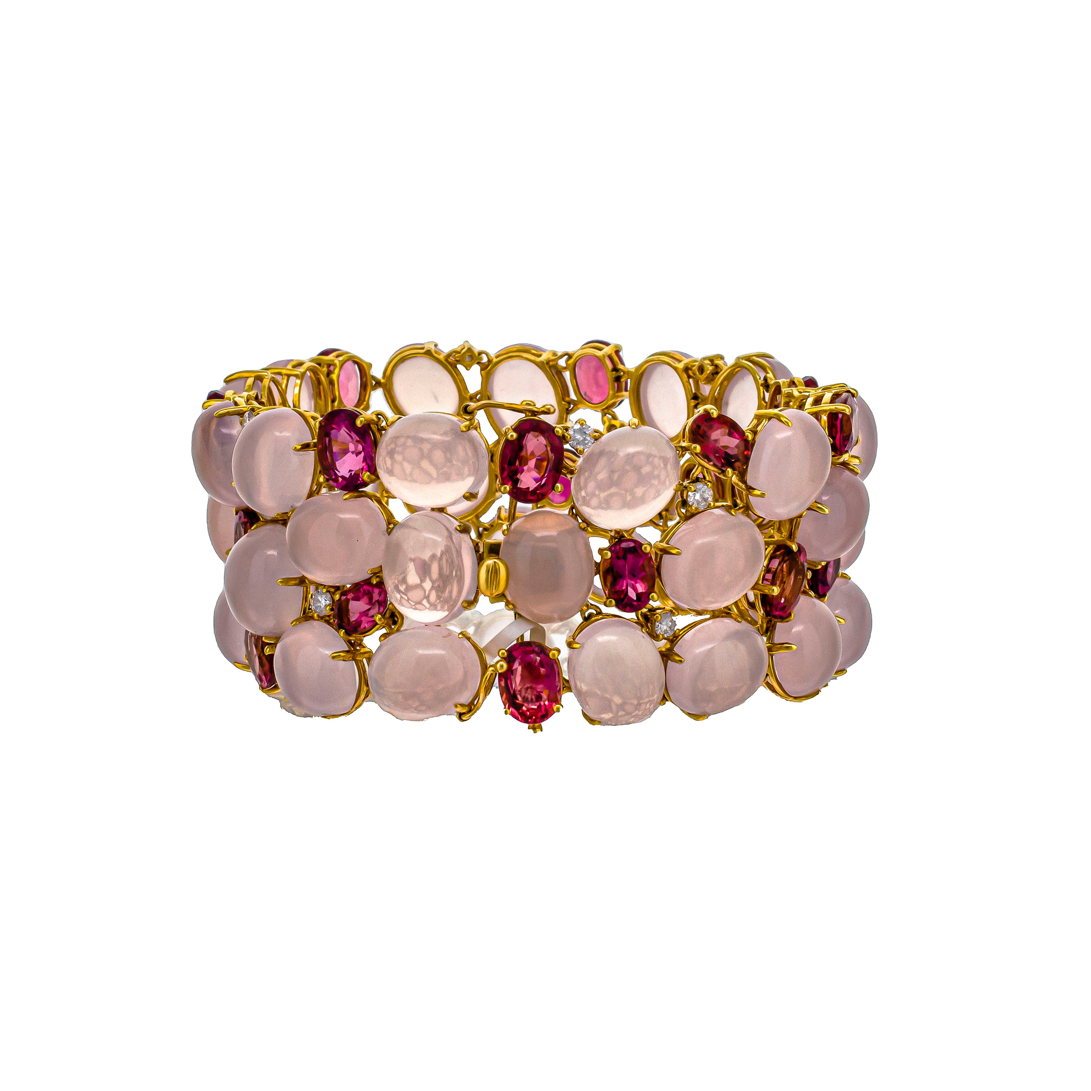 14K Rose Gold Oval Cabochon Rose Quartz & Pink Tourmaline With Round Diamond Accents Bracelet