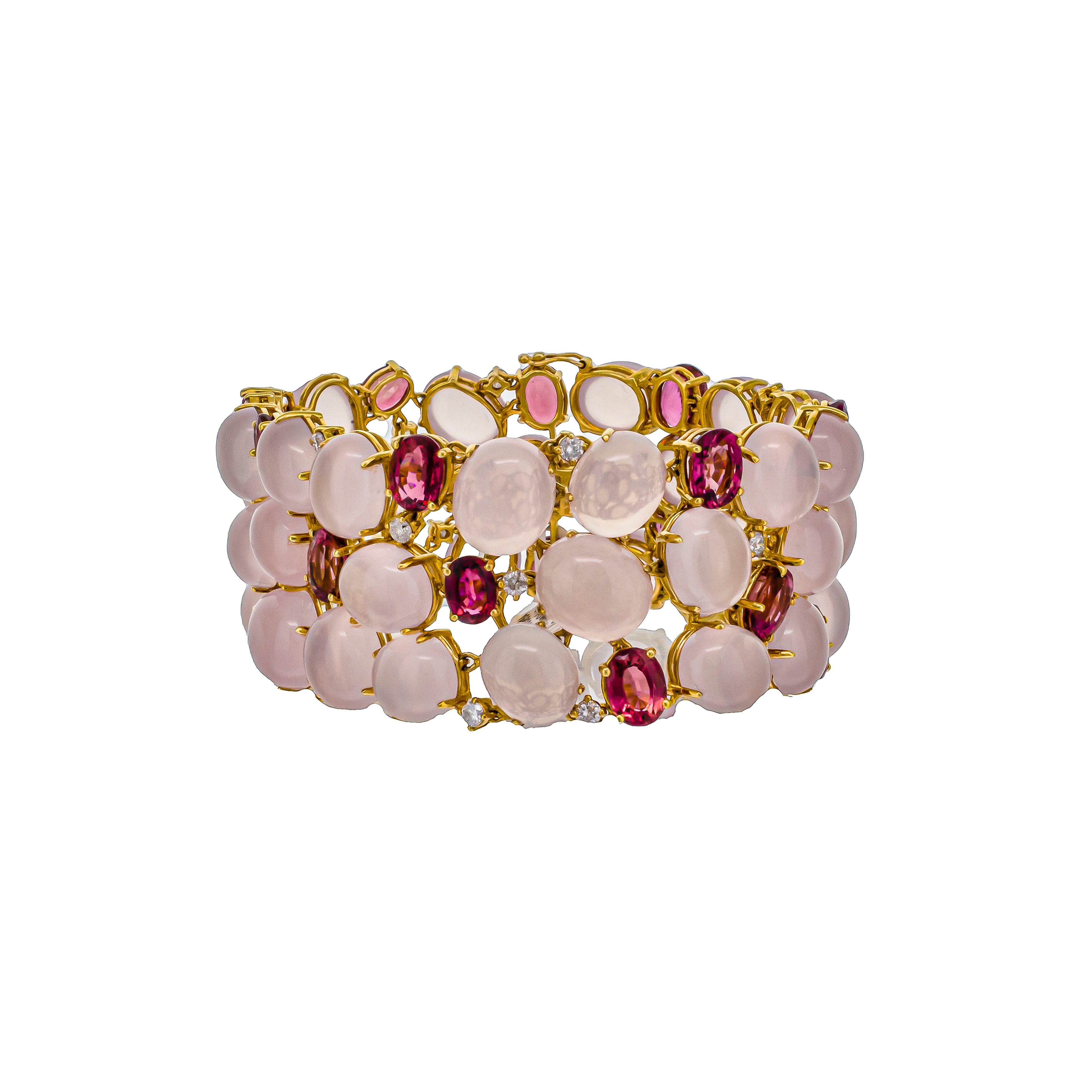 14K Rose Gold Oval Cabochon Rose Quartz & Pink Tourmaline With Round Diamond Accents Bracelet