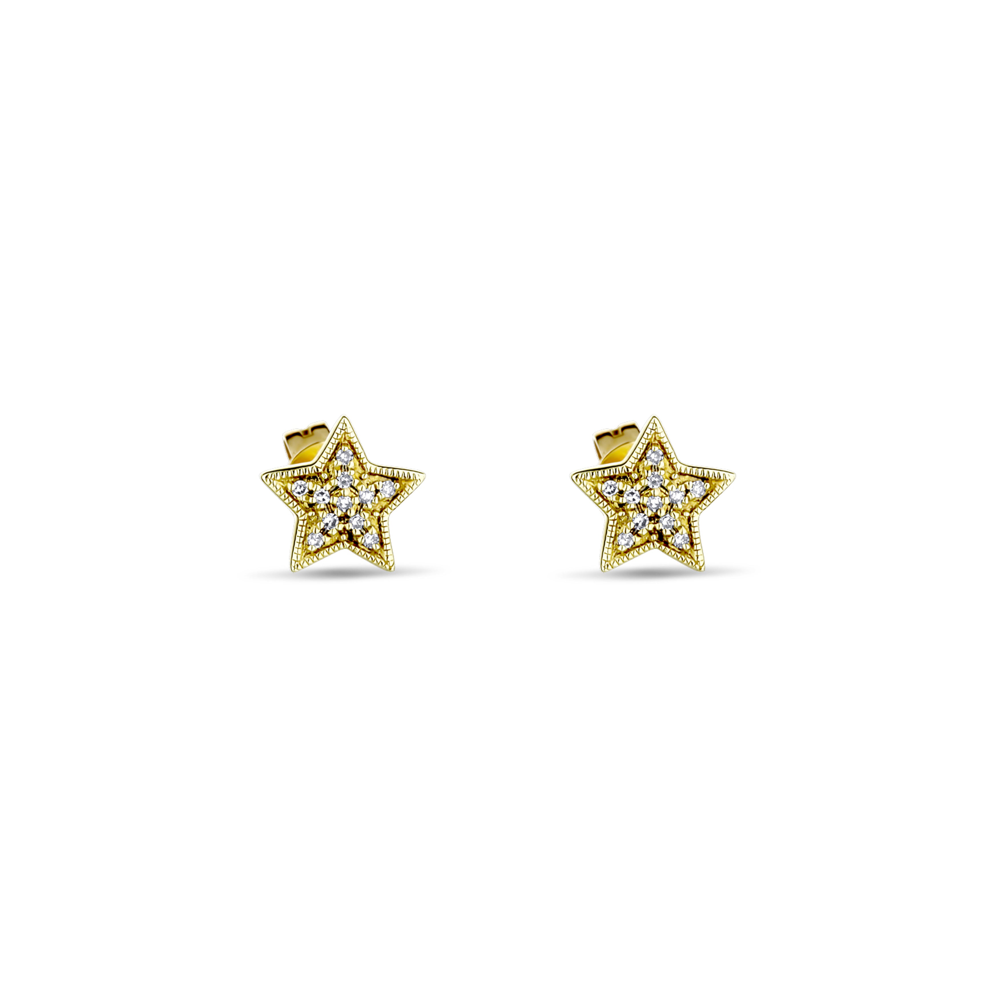 14K Yellow Gold Small Diamond Pave Stars With Beaded Border 0.06Ctw