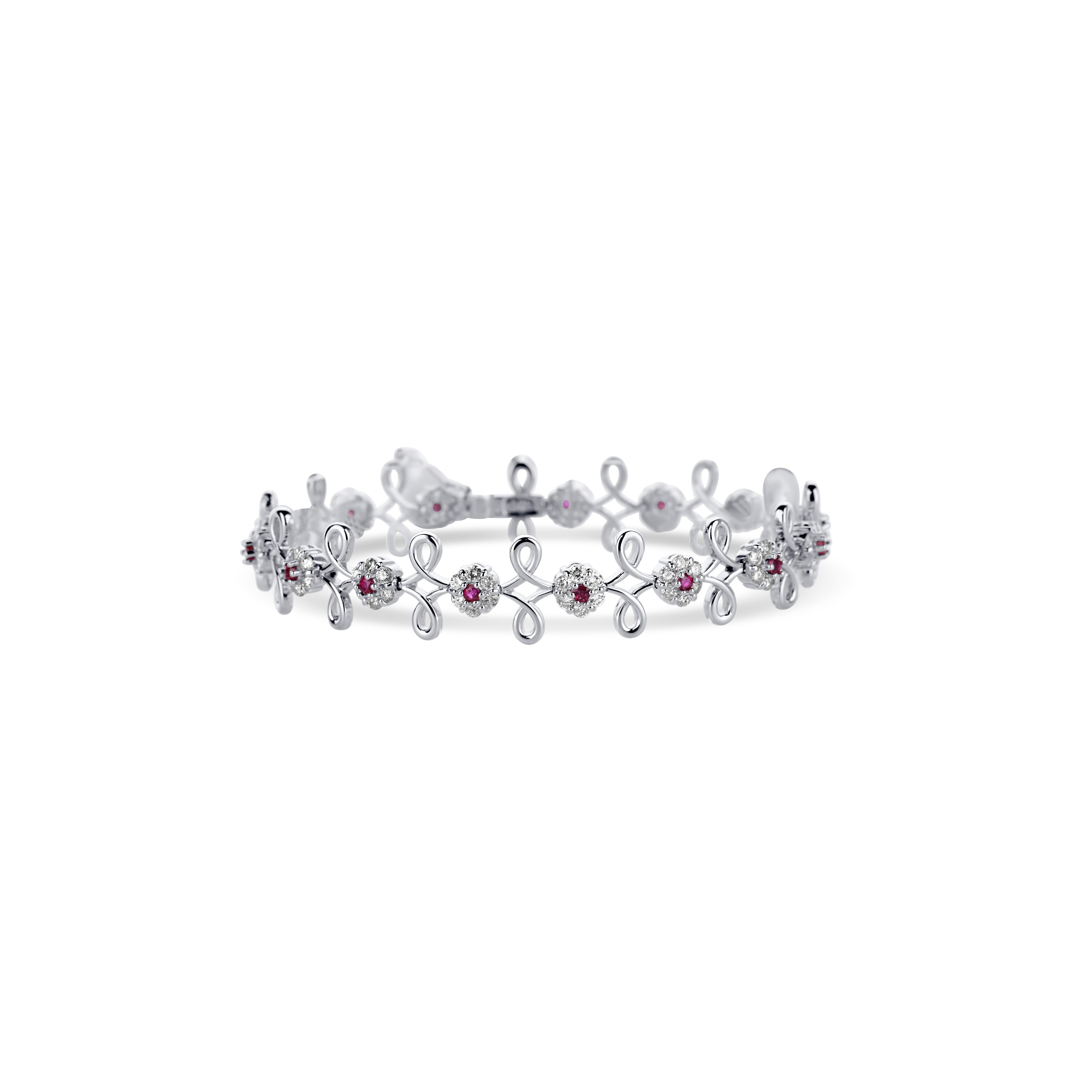 18K White Gold Ruby And Diamond Flowers Bracelet With Alternating Scrolling Bracelet With 15 Rubies