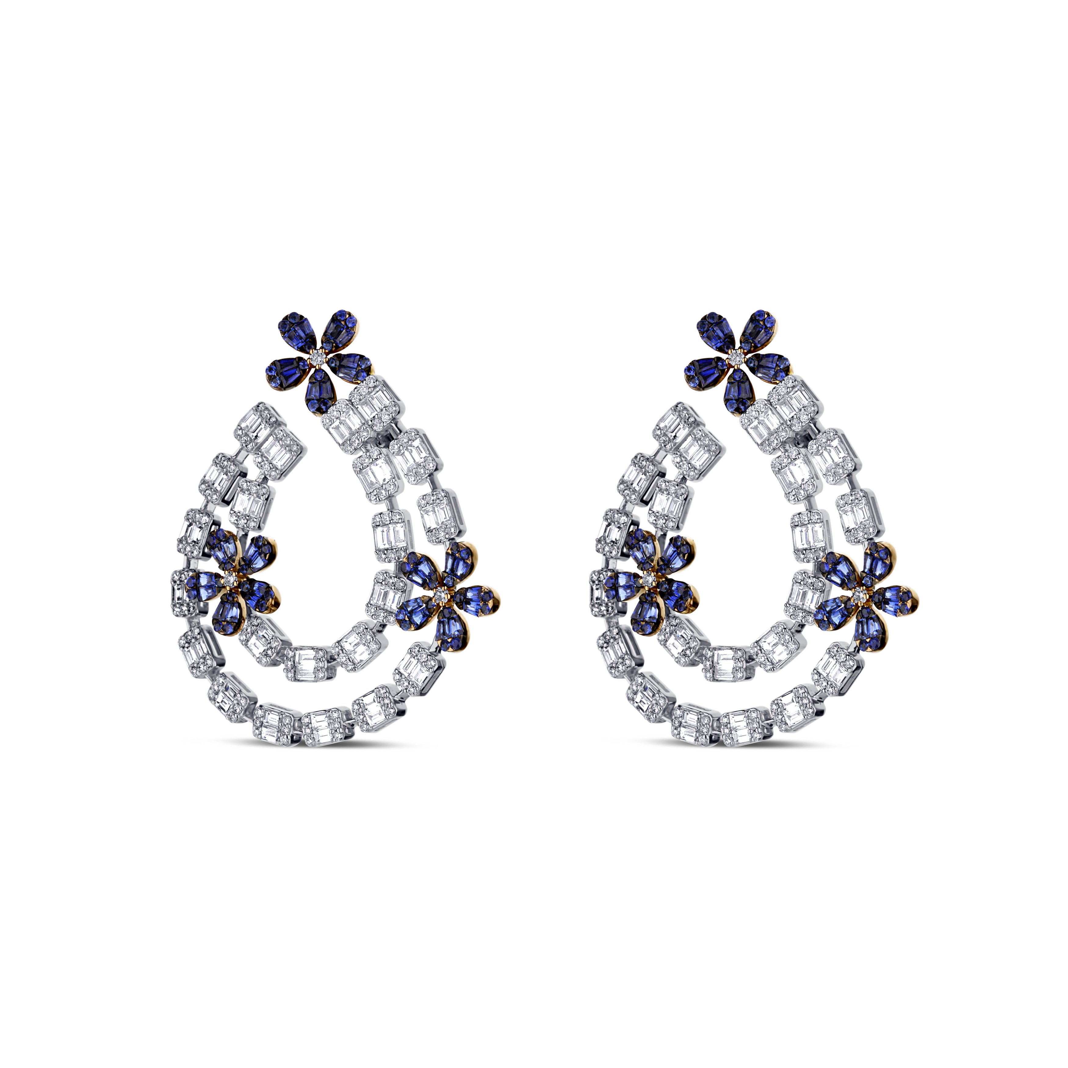 18K Two-Tone Diamond And Blue Sapphire Flower Drop Earrings