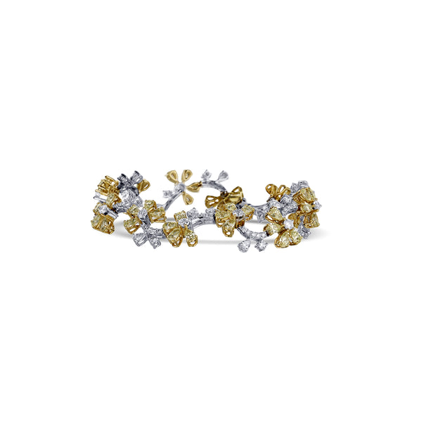 18K White Gold White Diamond With Yellow Diamond Flowers Bracelet