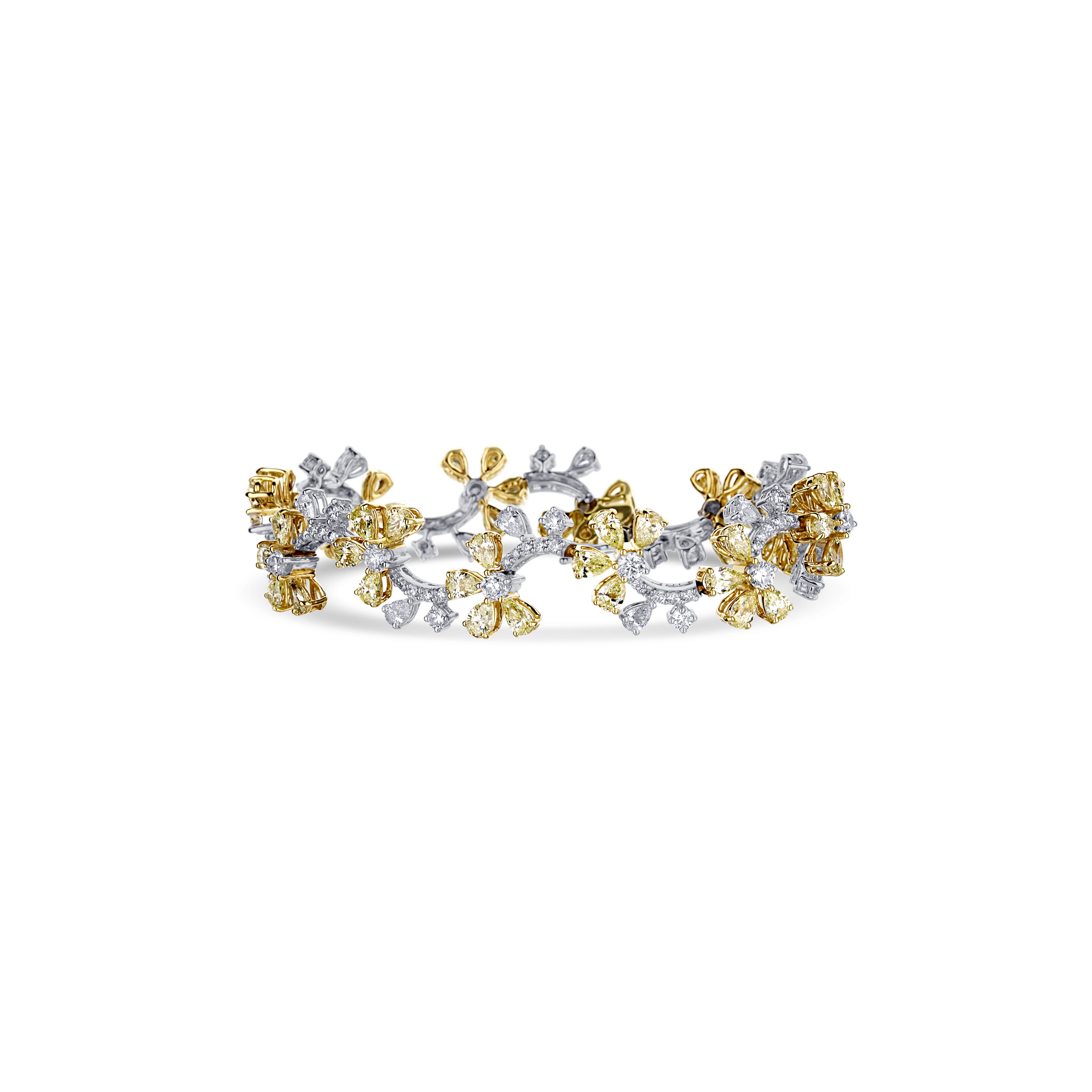 18K White Gold White Diamond With Yellow Diamond Flowers