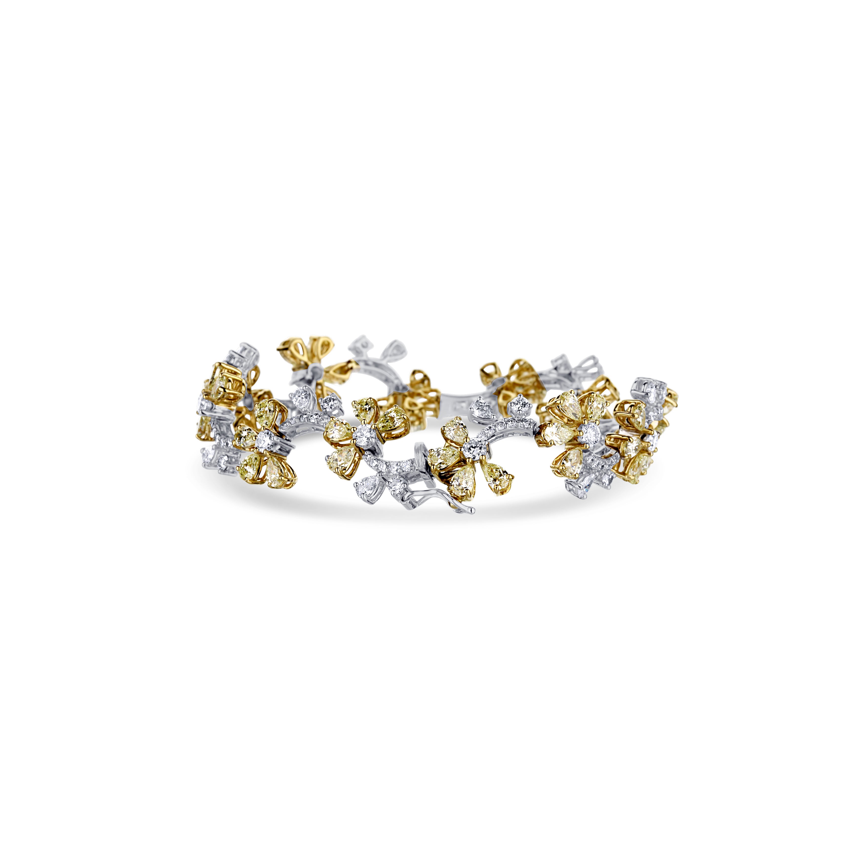 18K White Gold White Diamond With Yellow Diamond Flowers