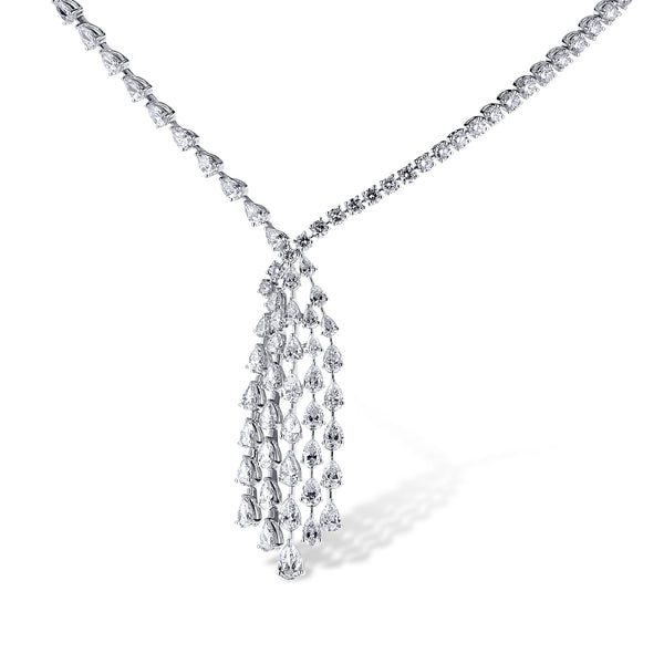 18K White Gold 16.20Ctw Pear And Round Diamond Waterfall Drop Necklace