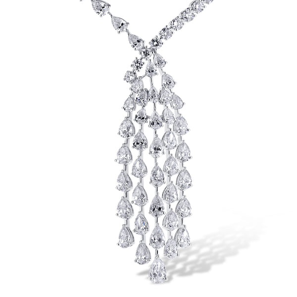 18K White Gold 16.20Ctw Pear And Round Diamond Waterfall Drop Necklace