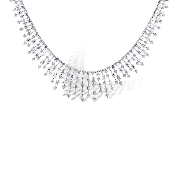 18K White Gold Alternating Round And Emerald Cut Diamond Bib Style Necklace