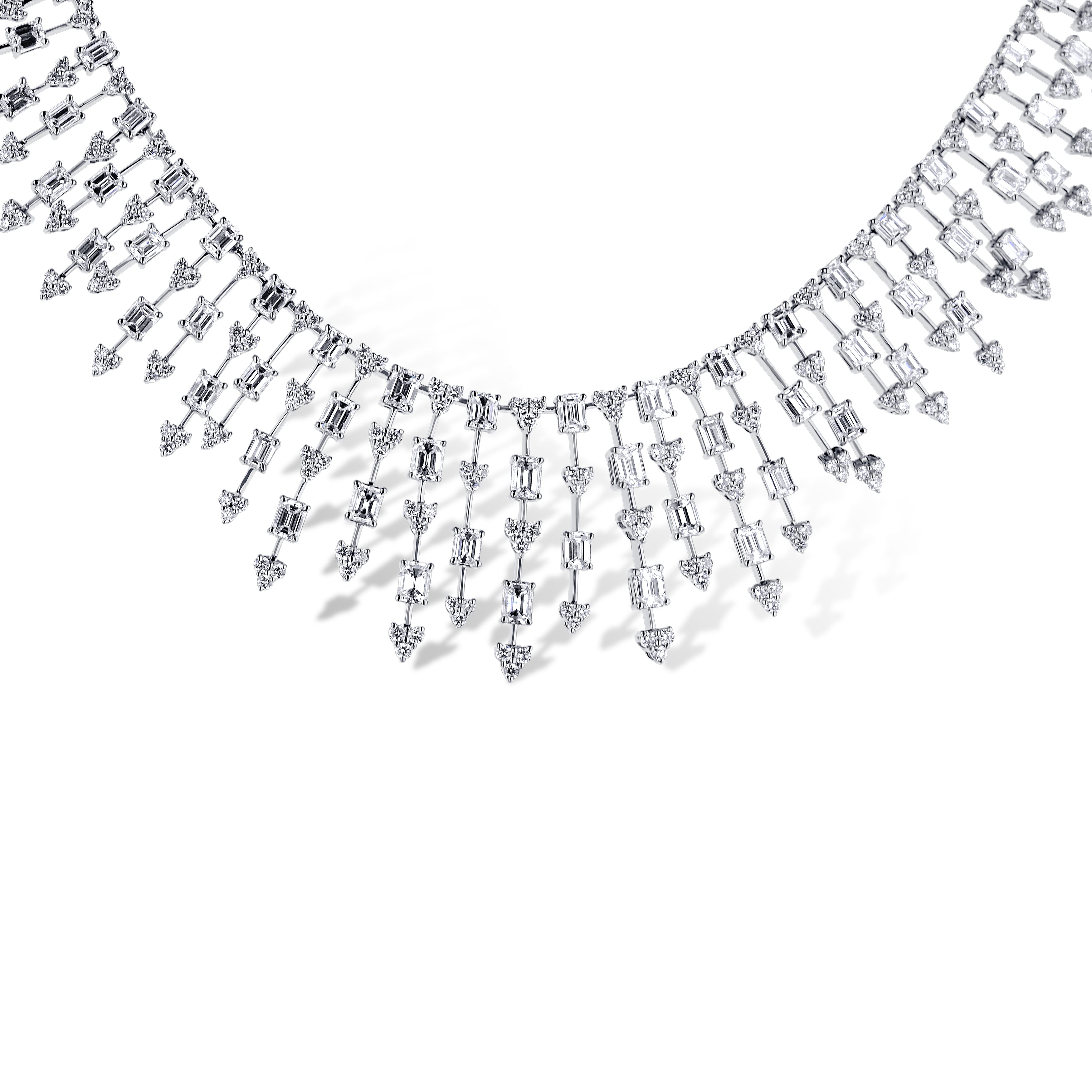 18K White Gold Alternating Round And Emerald Cut Diamond Bib Style Necklace