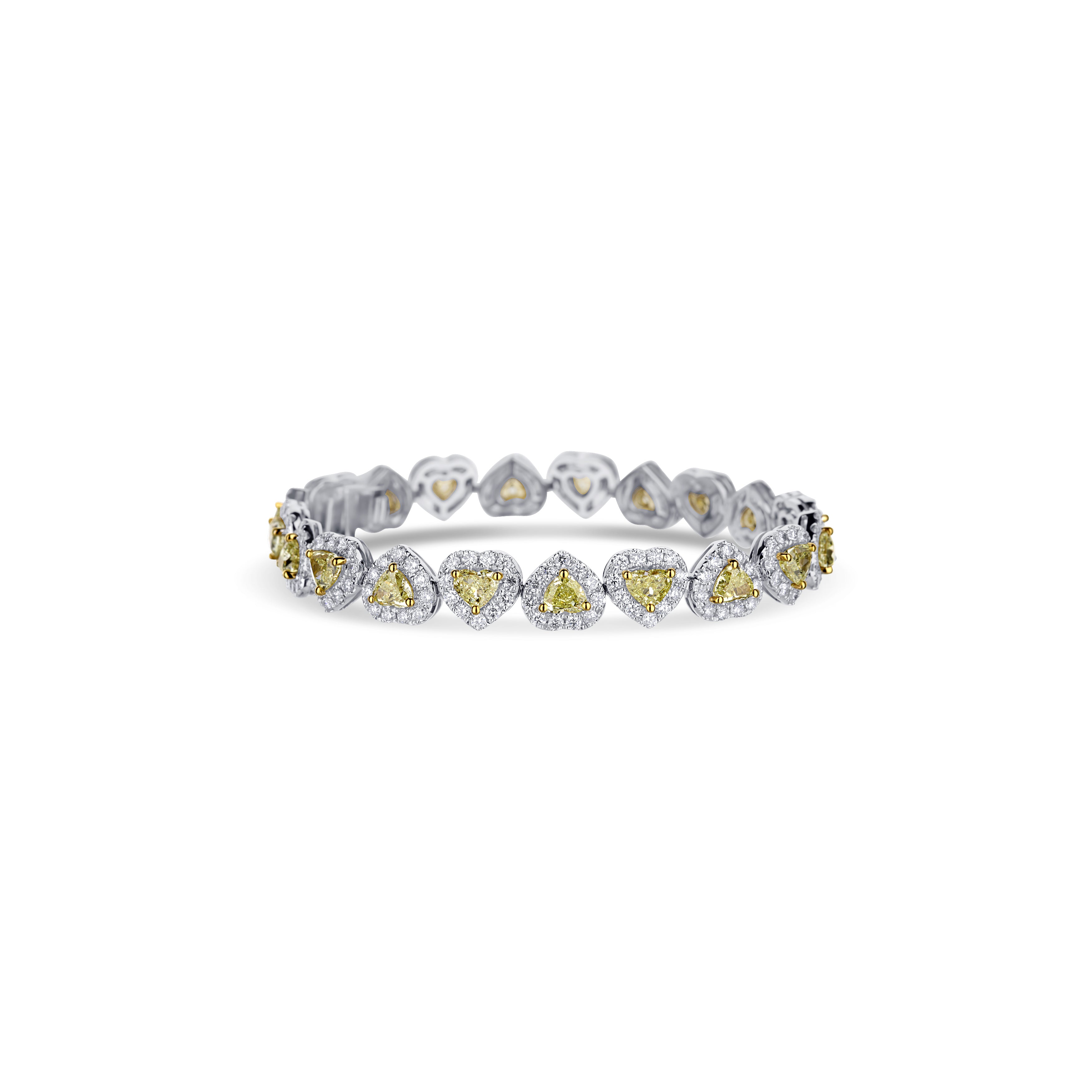 18K White Gold Fancy Yellow Heart With White Diamond Halo Line Bracelet