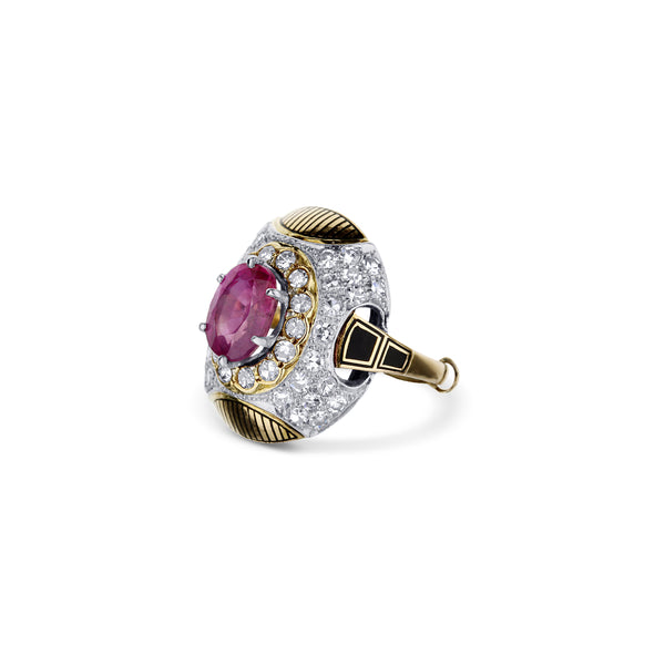 Vintage 18K Gold Domed Art Deco Style Ring With Ruby And Diamonds