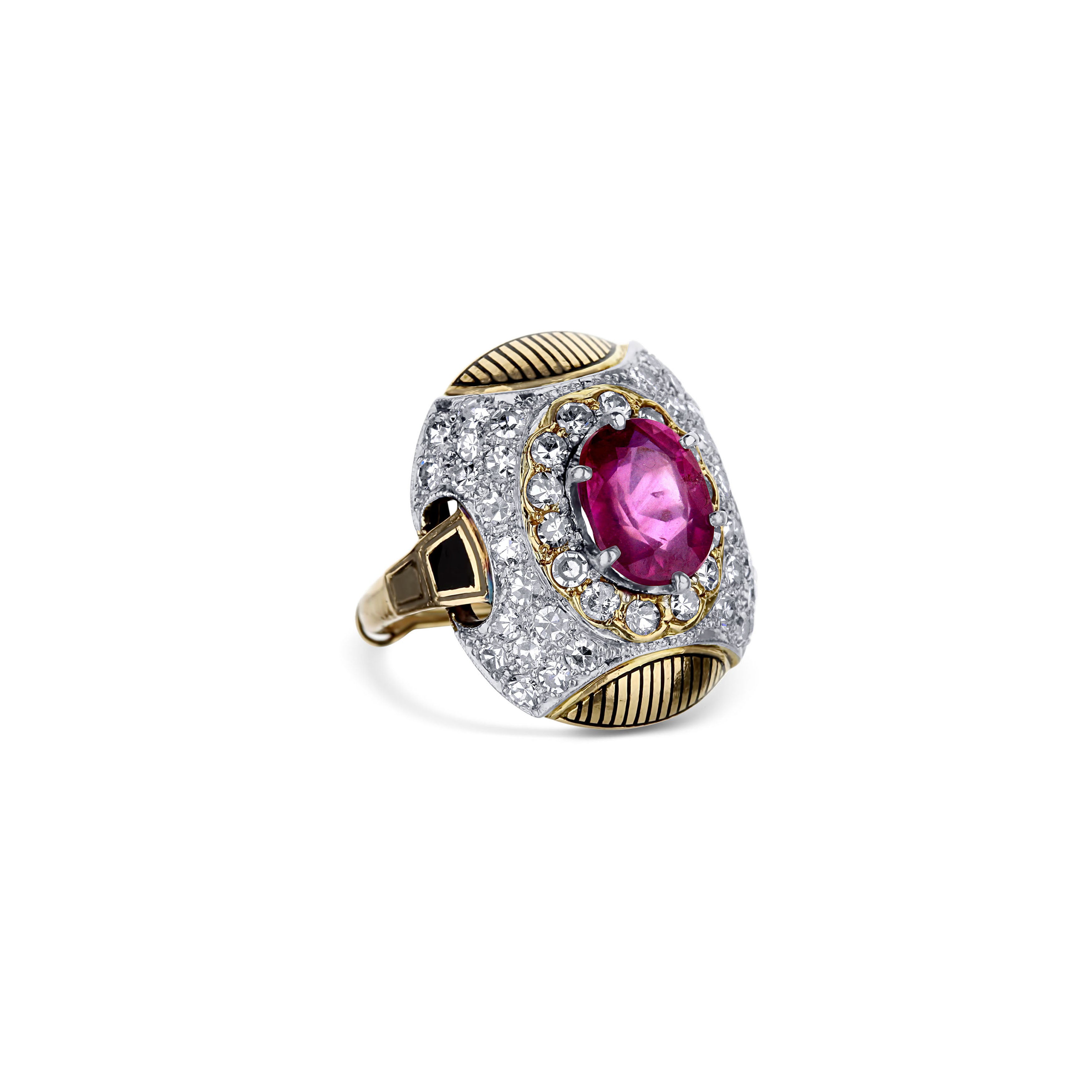 Vintage 18K Gold Domed Art Deco Style Ring With Ruby And Diamonds