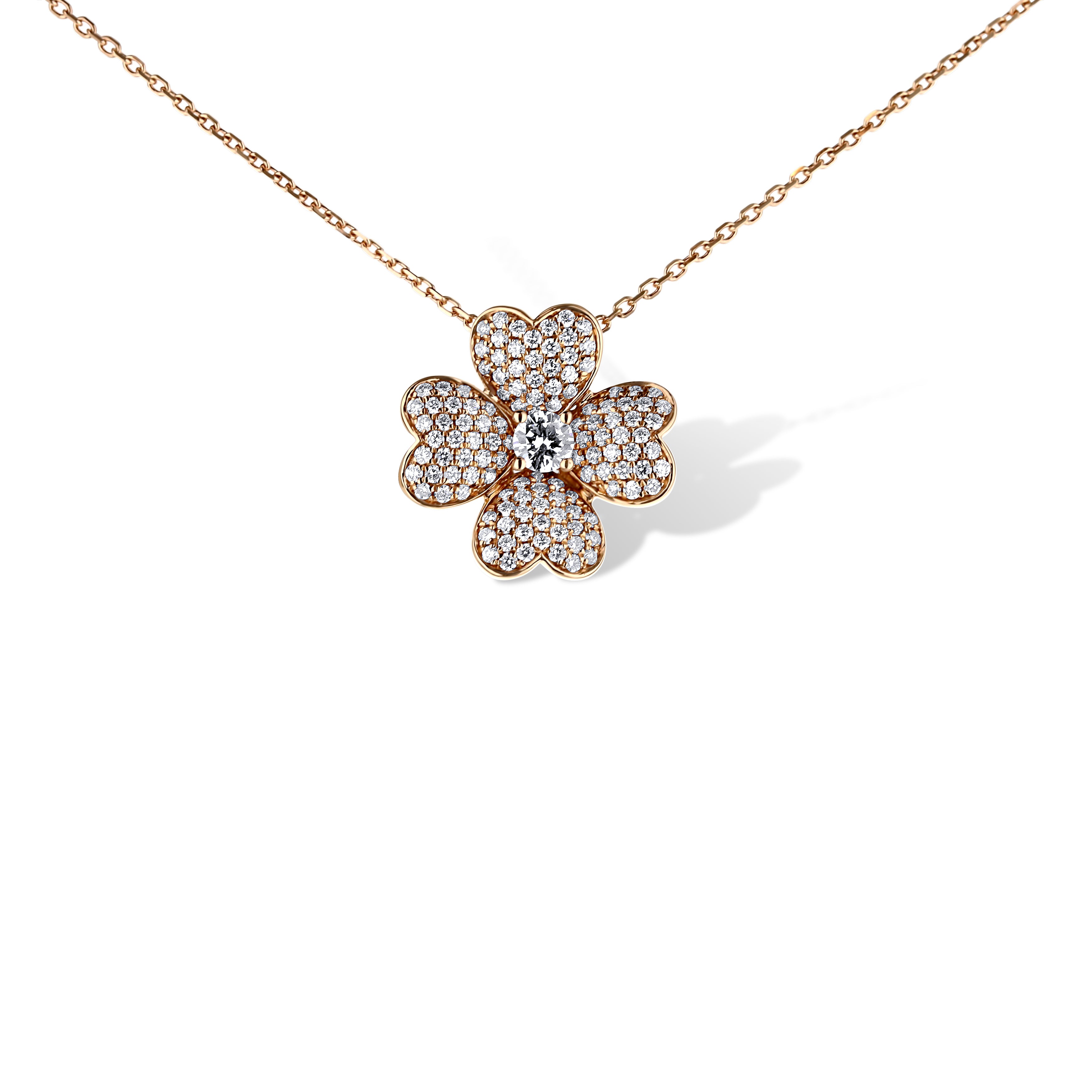 18K Rose Gold Pave Diamond Single Flower Pendant Necklace
