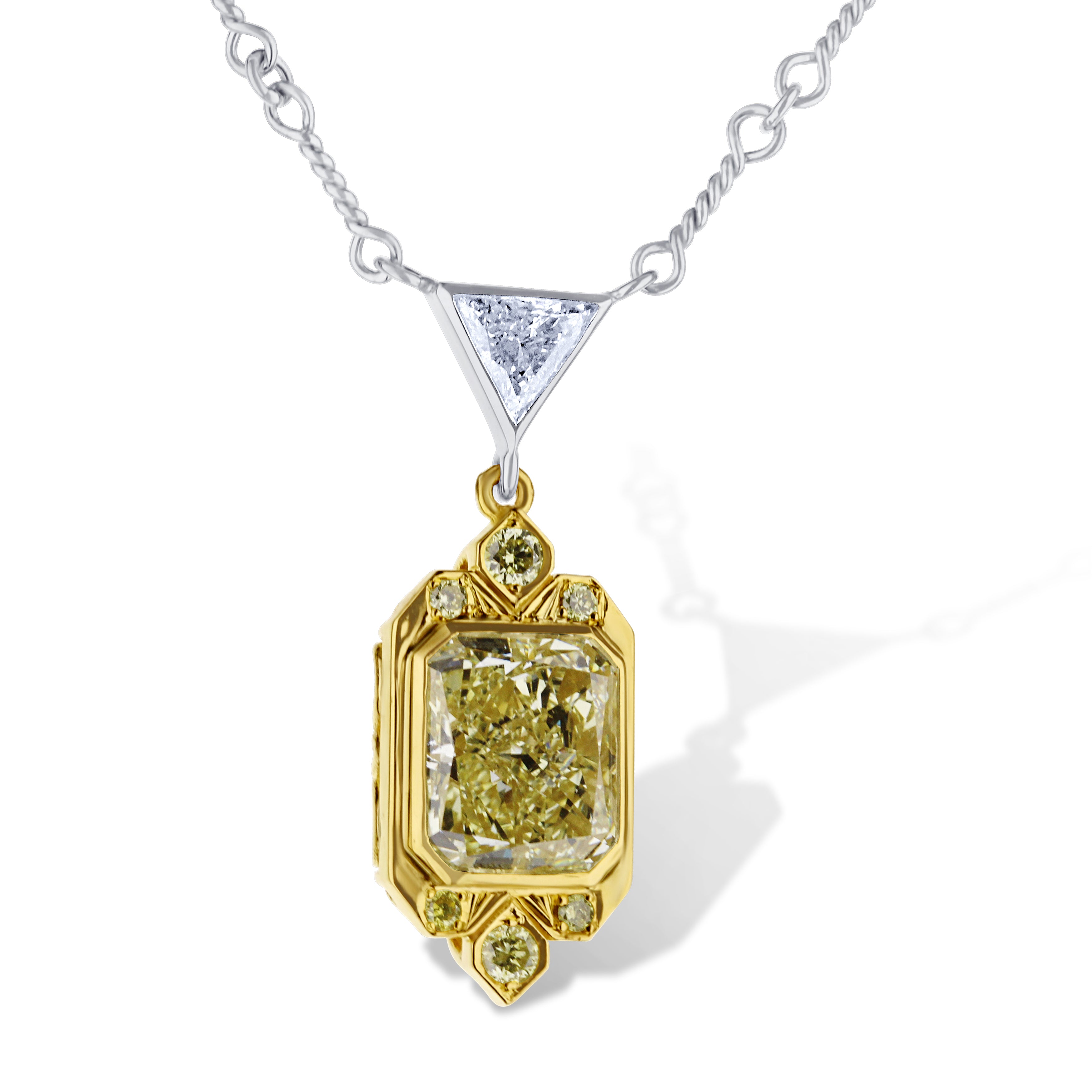 18K White Gold Necklace & Trillion Bezel With Yellow And White Diamonds