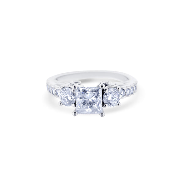 14K White Gold Ring With A 1.25 Carat Princess Cut Diamond And Side Stones