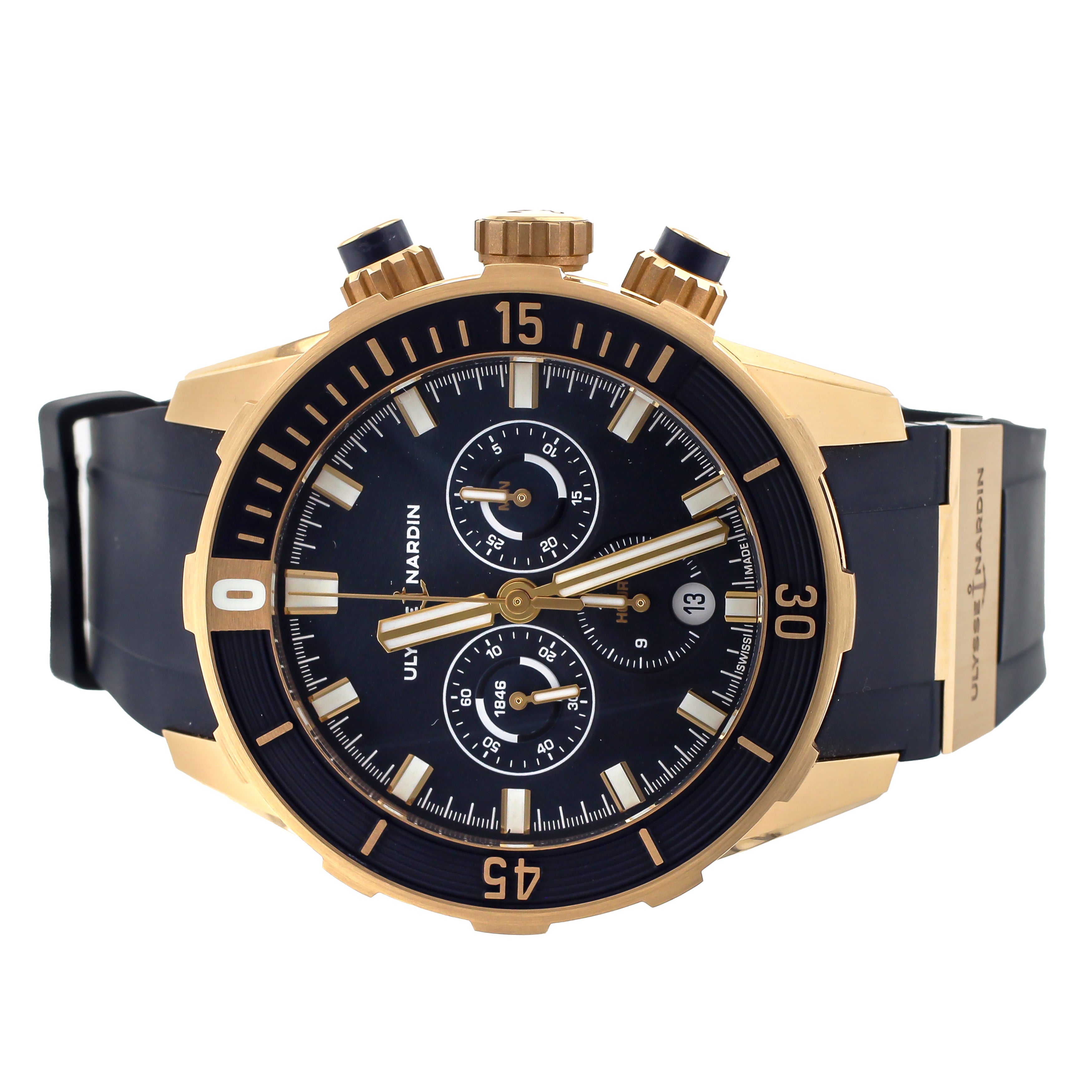 Ulysse Nardin Marine Diver Chronograph Rose Gold Rubber Blue 44mm 1502 170 3 93 Full Set