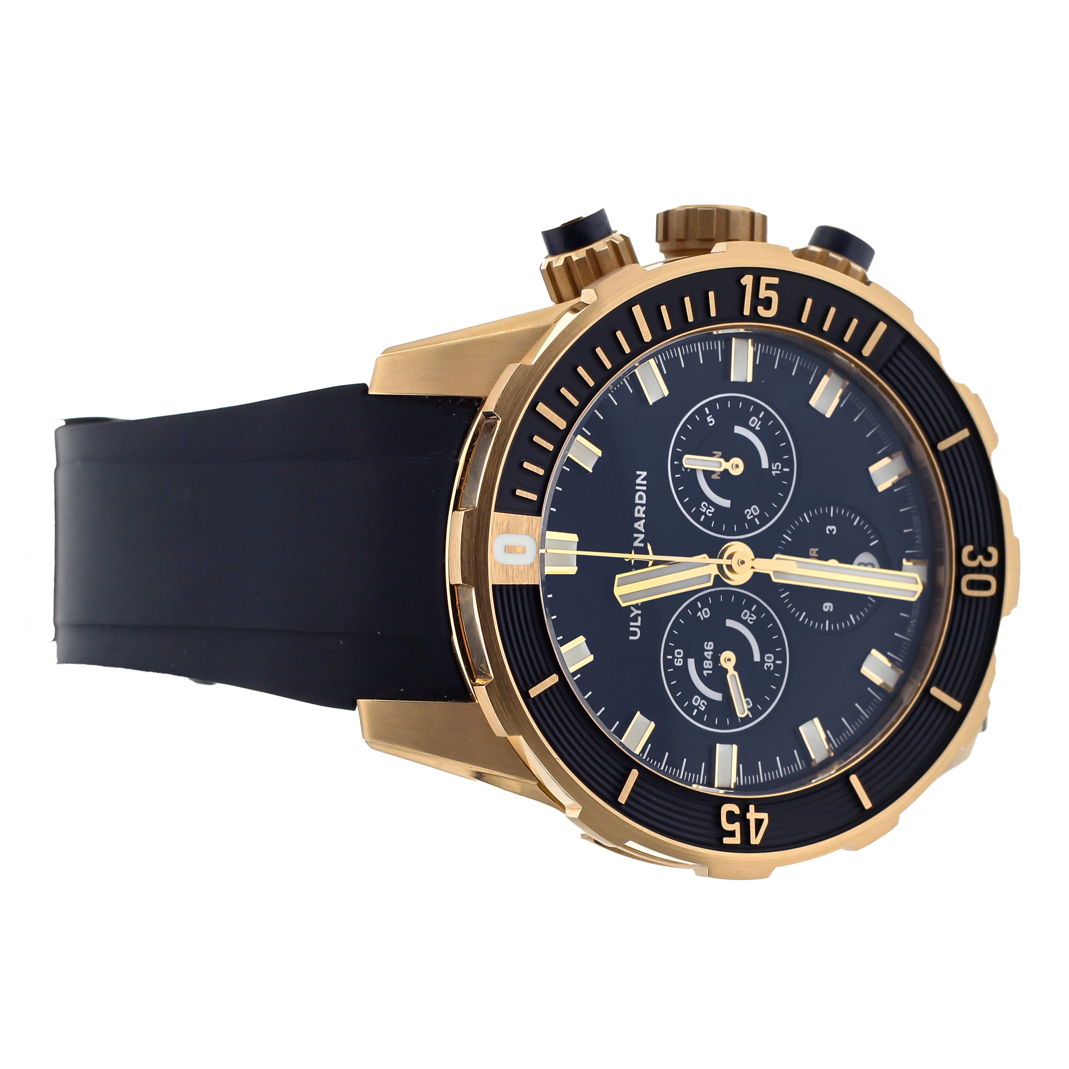 Ulysse Nardin Marine Diver Chronograph Rose Gold Rubber Blue 44mm 1502 170 3 93 Full Set