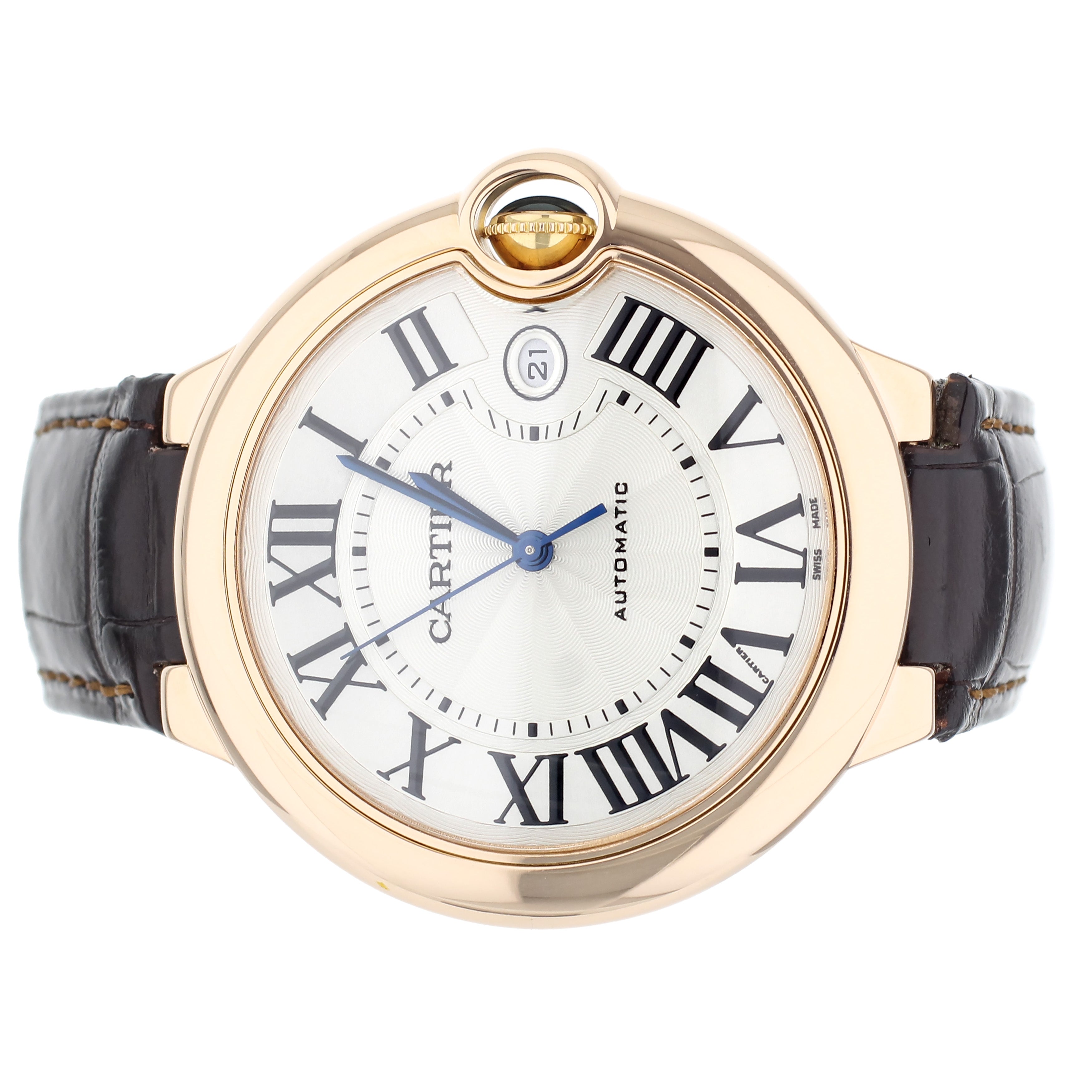 Cartier Ballon Bleu Rose Gold Silver Dial Brown Alligator Strap 42mm 2999