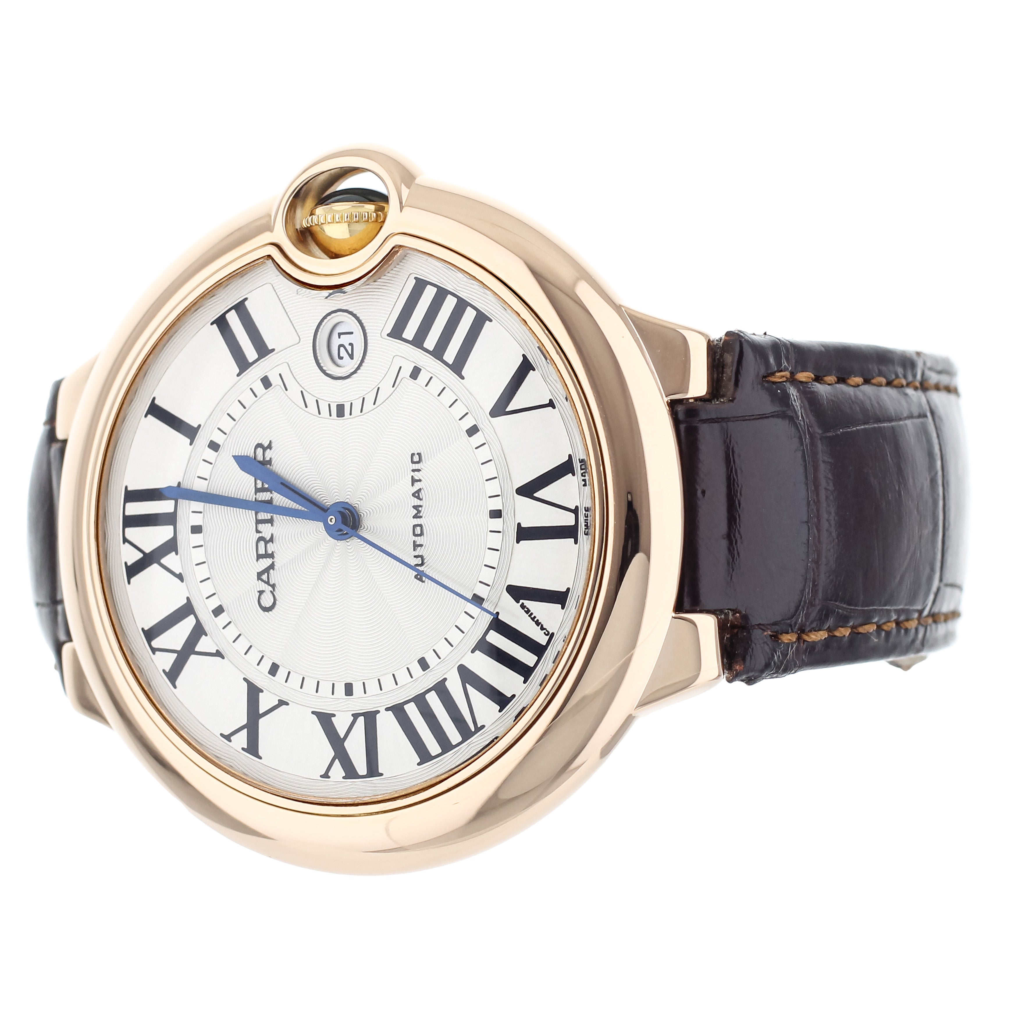 Cartier Ballon Bleu Rose Gold Silver Dial Brown Alligator Strap 42mm 2999