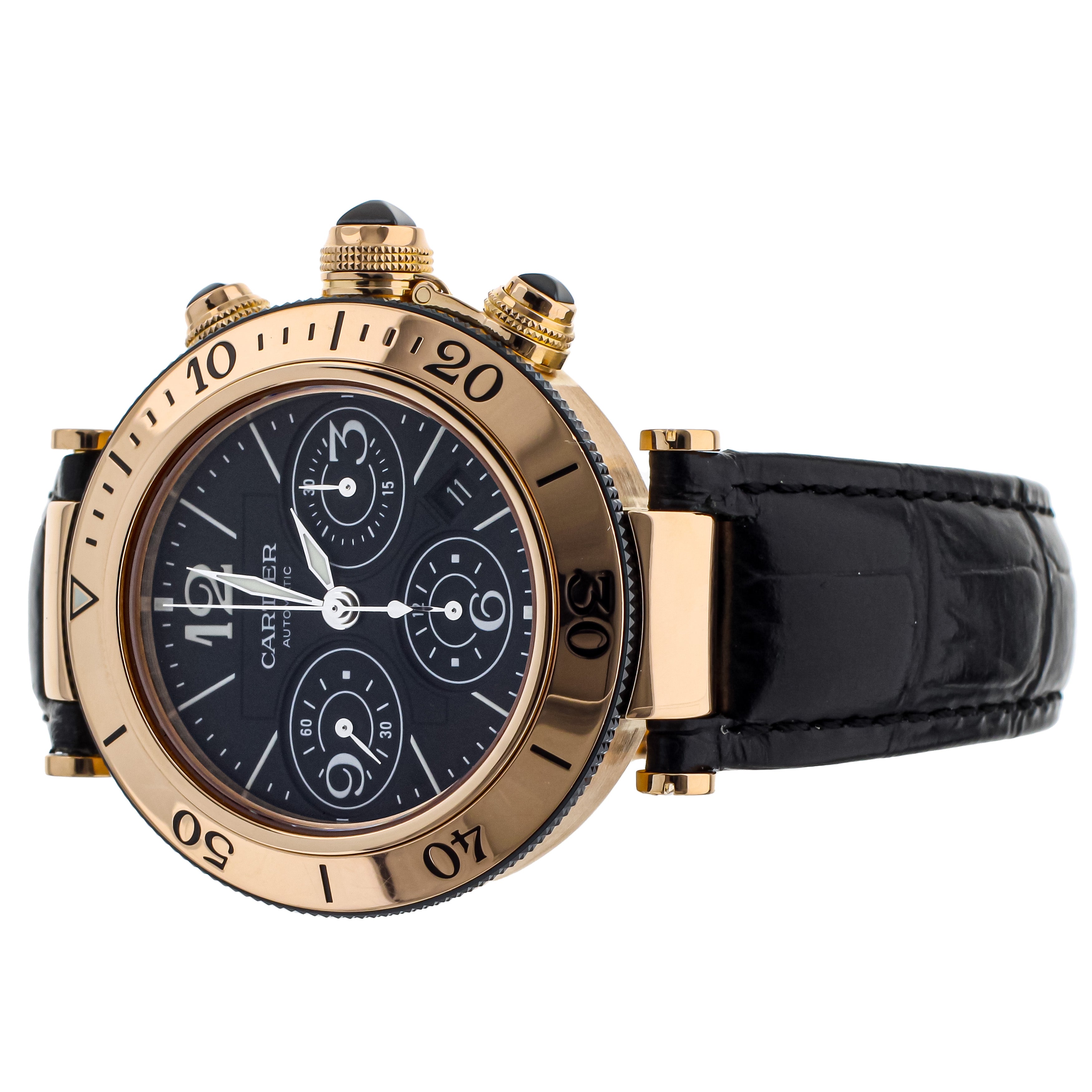 Cartier Pasha Sea Timer Chronograph Rose Gold Black Dial Alligator 42mm 3066