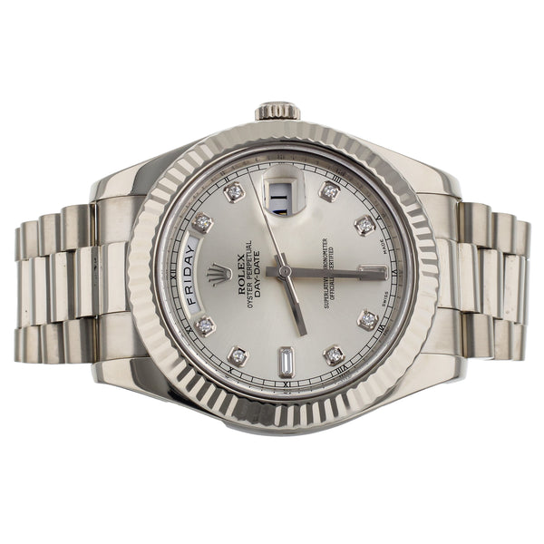 Rolex Day Date II White Gold Silver Diamond Dial President Bracelet 41mm 218239