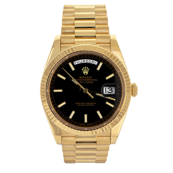 Rolex Day-Date 40 Black Dial Fluted Bezel Yellow Gold 40MM 228238 Full Set