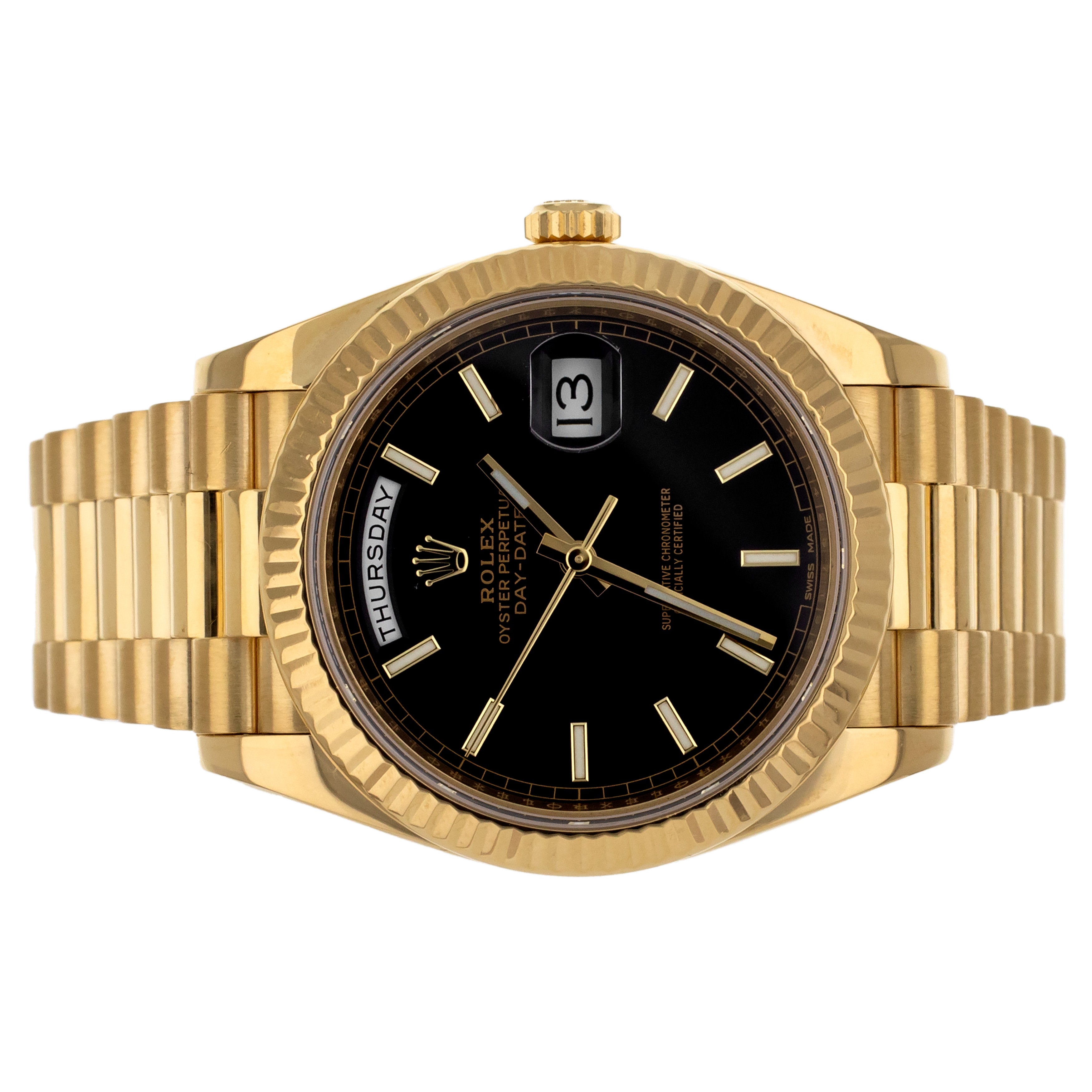 Rolex Day Date 40 Black Dial Fluted Bezel Yellow Gold 40MM 228238 Full Set