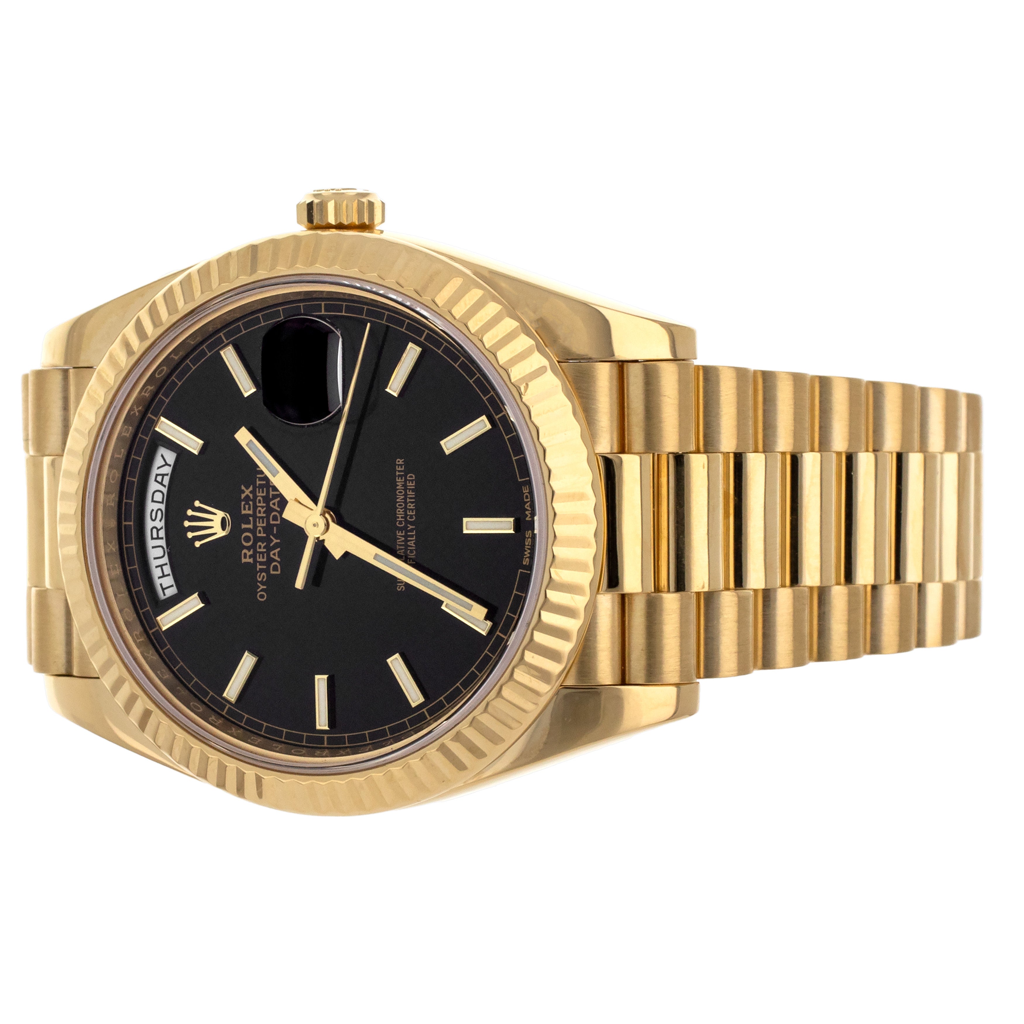 Rolex Day Date 40 Black Dial Fluted Bezel Yellow Gold 40MM 228238 Full