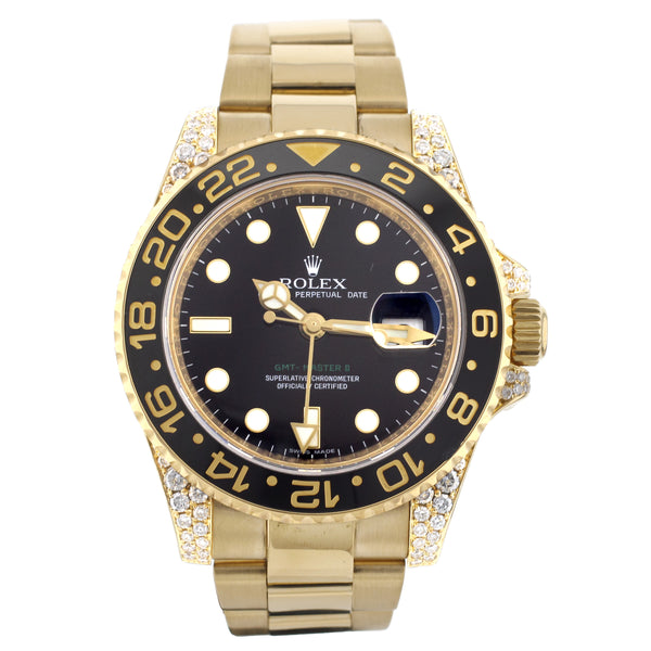 Rolex GMT Master II Date Black Dial Diamond Lugs Yellow Gold 40MM 116718