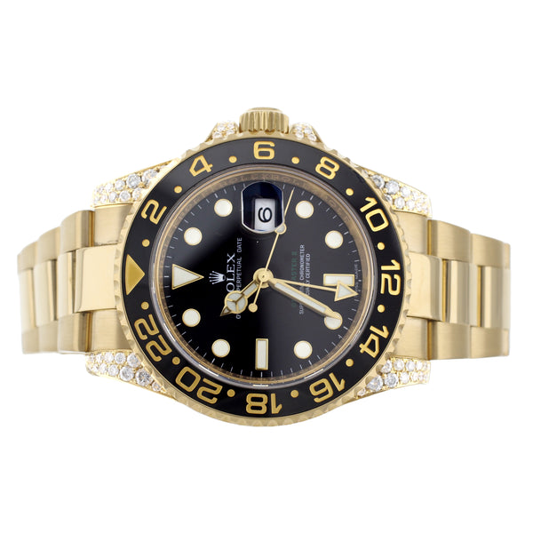Rolex GMT Master II Date Black Dial Diamond Lugs Yellow Gold 40MM 116718