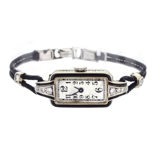 14K White Gold & Diamond Vintage Savoy Wristwatch Art Deco Style Black Enamel Detail On Black Cord