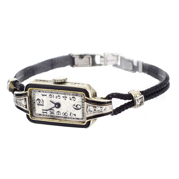 14K White Gold & Diamond Vintage Savoy Wristwatch Art Deco Style Black Enamel Detail On Black Cord