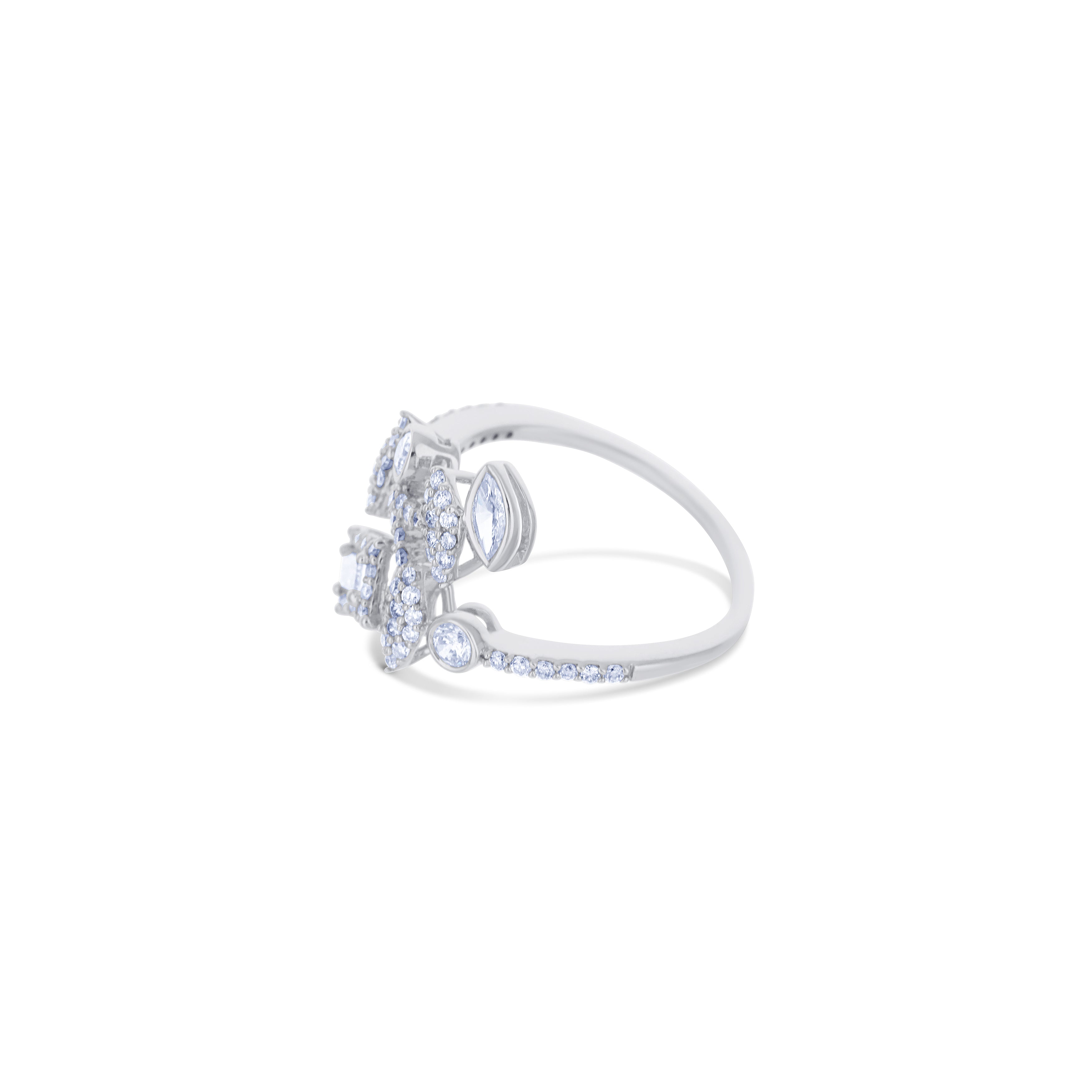 18K White Gold Mixed Cut Diamond Bypass Design Ring
