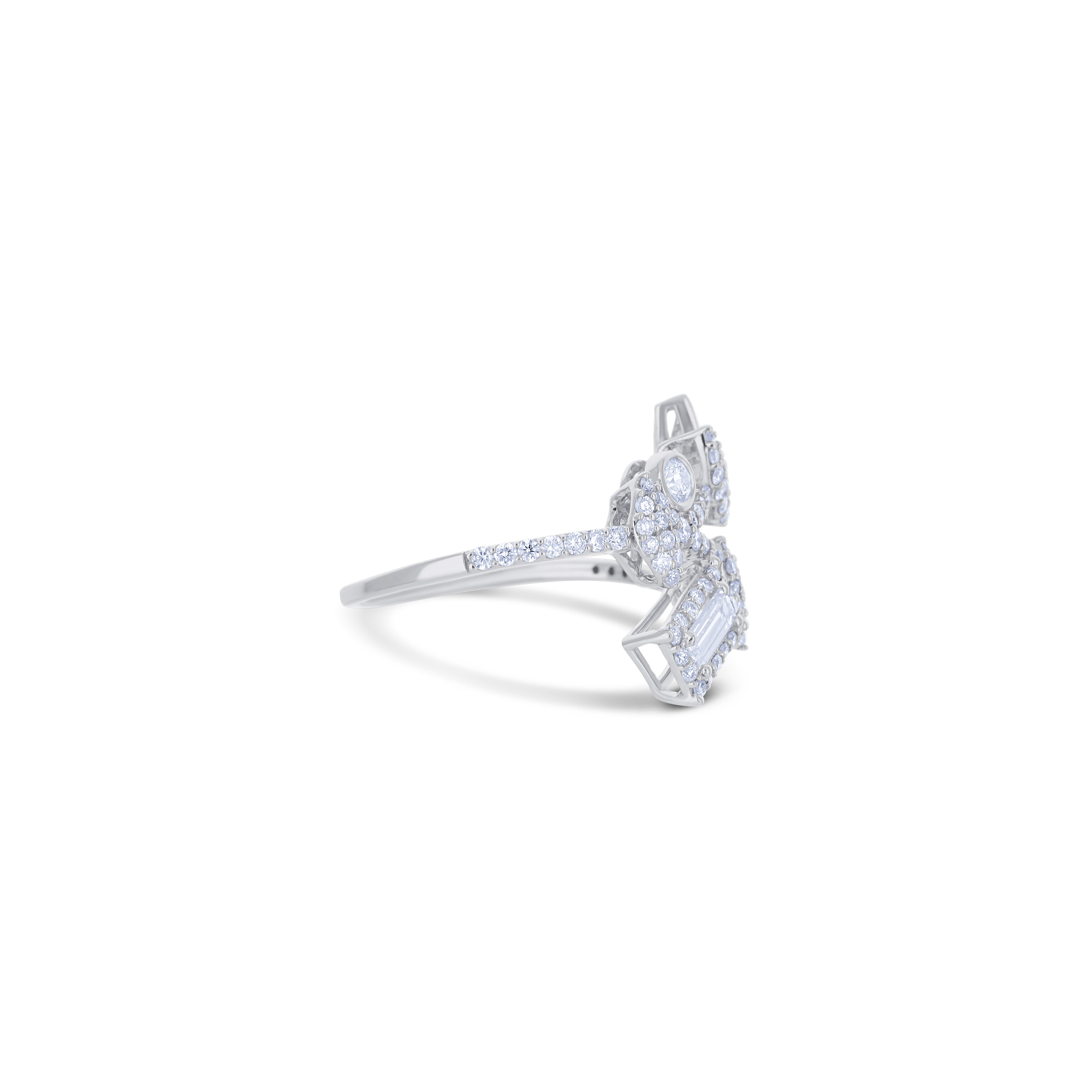 18K White Gold Mixed Cut Diamond Bypass Design Ring