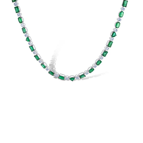 18K White Gold Mixed Cut Emerald & Diamond Necklace