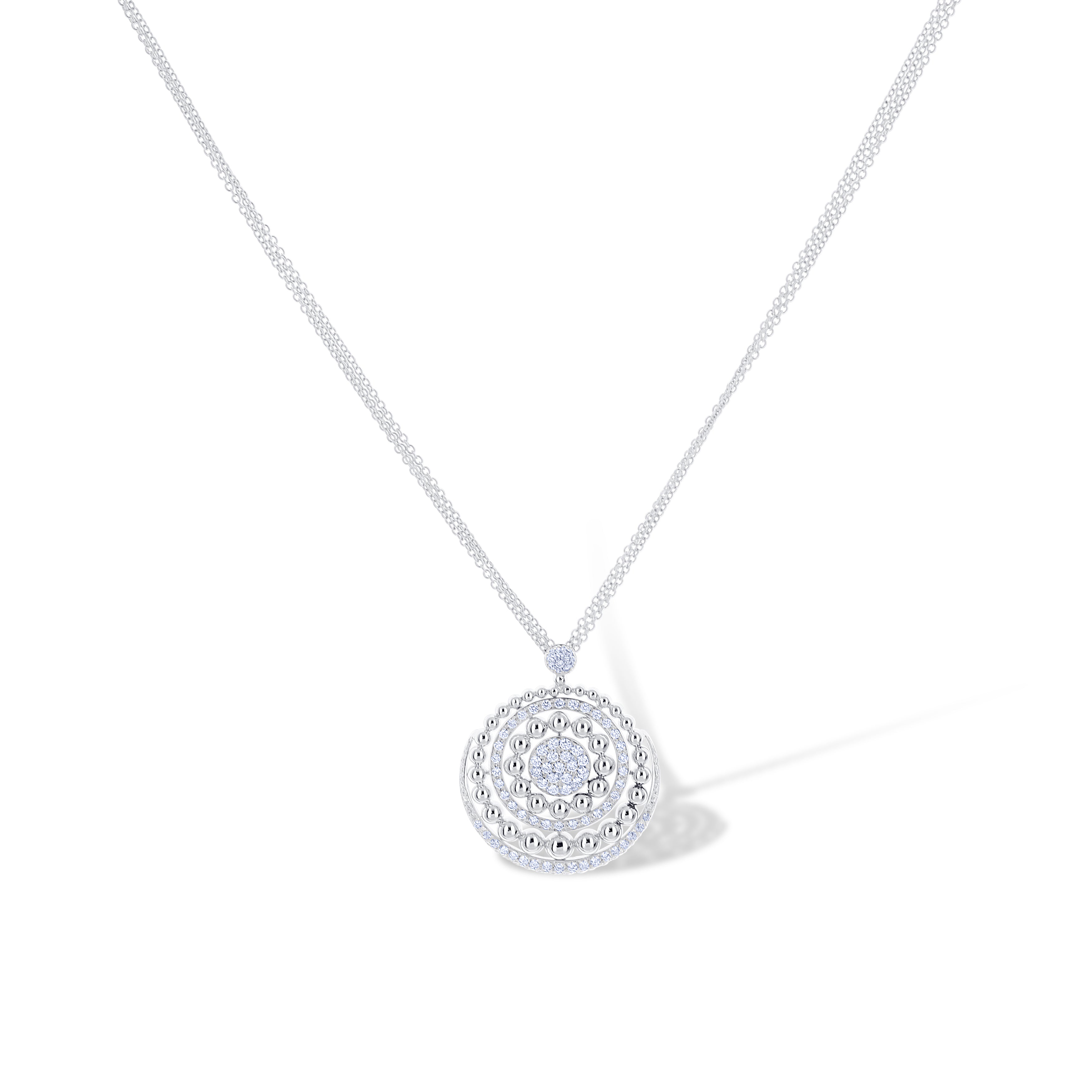 18K White Gold Circle Diamond Pendant With Multi-Chain Included 1.30Ctw 119 Stones