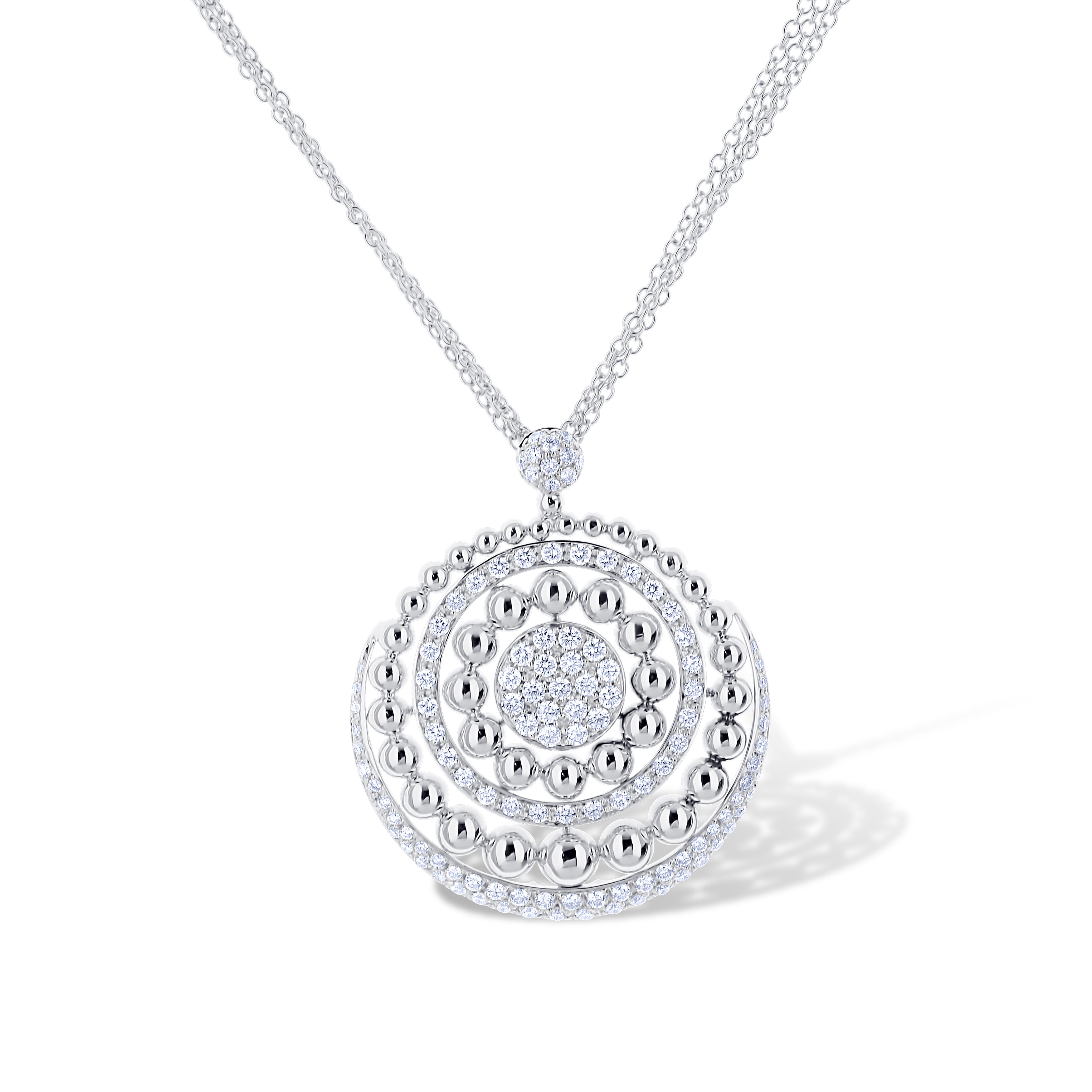 18K White Gold Circle Diamond Pendant With Multi-Chain Included 1.30Ctw 119 Stones