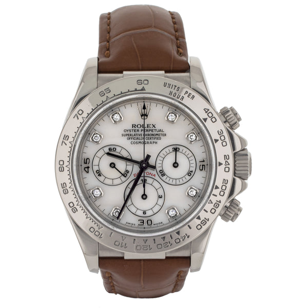 Rolex Daytona Chronograph Mother of Pearl Dial White Gold Alligator 40mm M16519