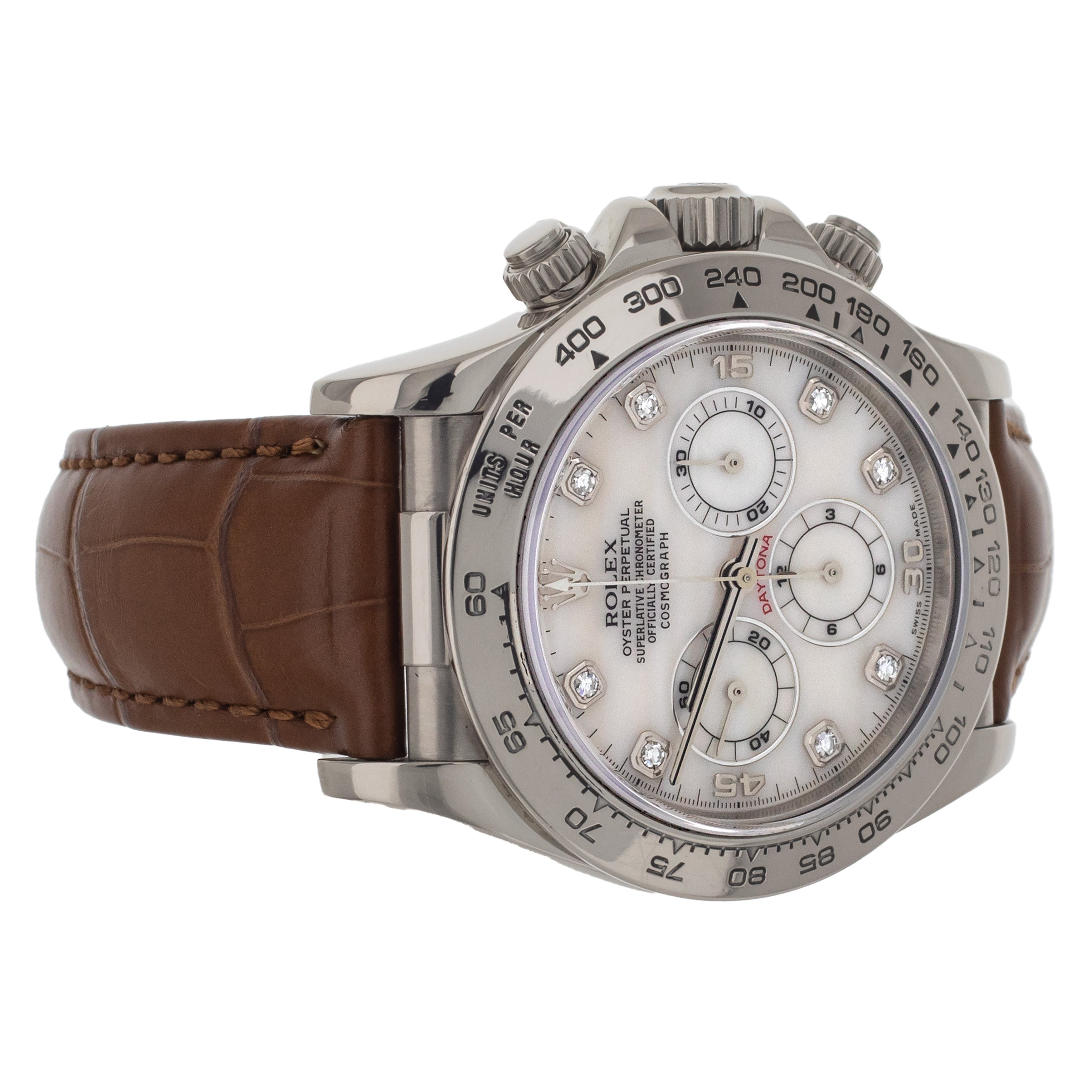 Rolex Daytona Chronograph Mother of Pearl Dial White Gold Alligator 40