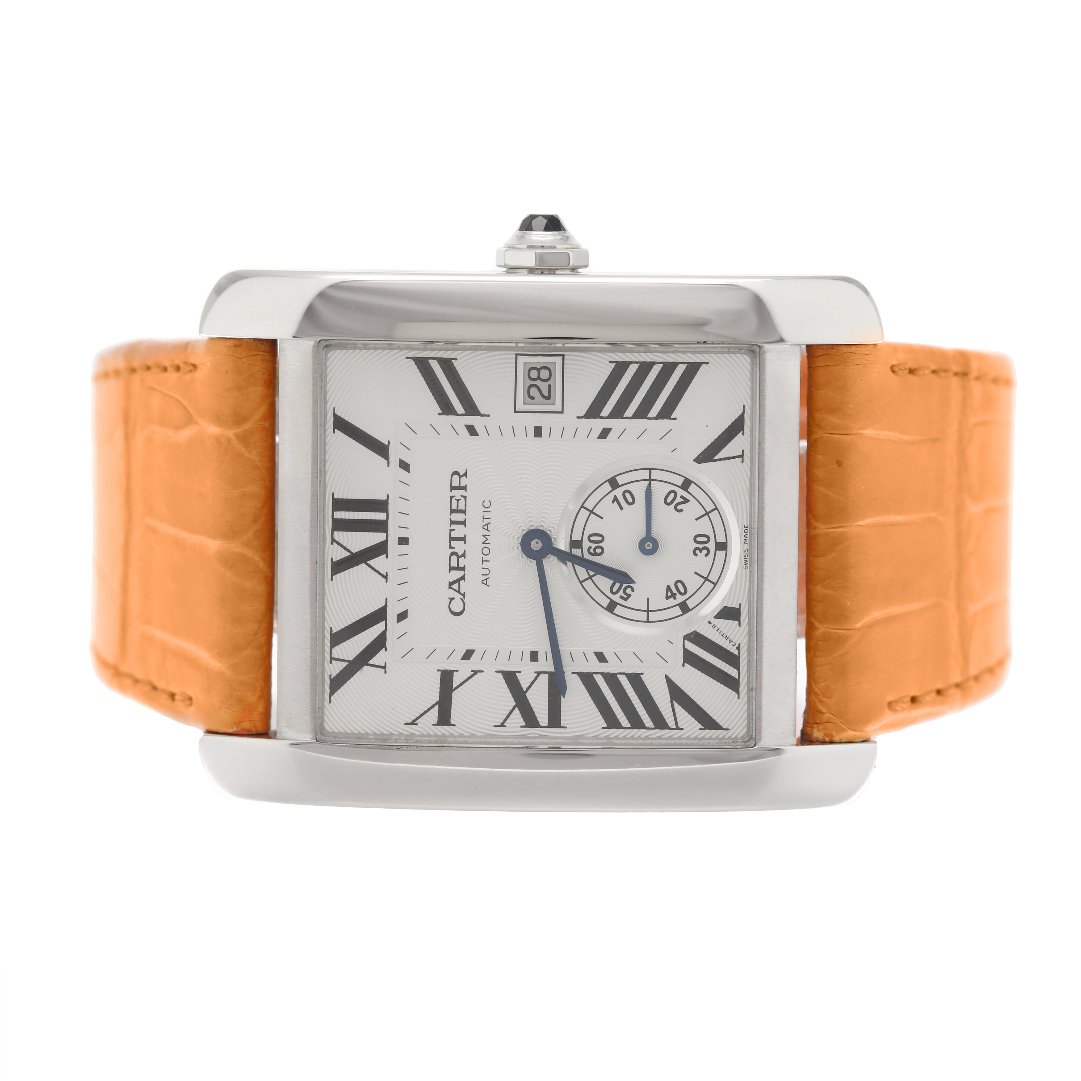 Cartier Tank MC Stainless Steel Silver Dial Orange Strap 44x34mm W5330003