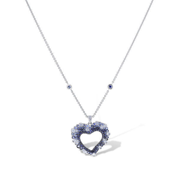 Leo Pizzo 18K White Gold Blue Sapphire & White Diamond Heart Pendant on Station Chain with 2 Round Sapphires