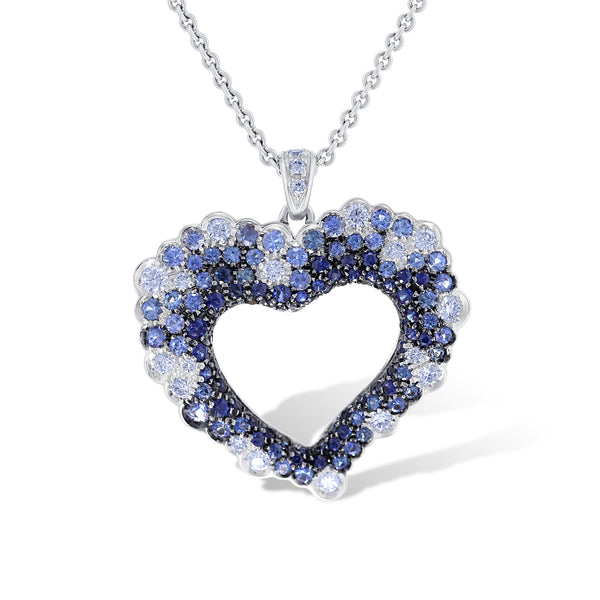 Leo Pizzo 18K White Gold Blue Sapphire & White Diamond Heart Pendant on Station Chain with 2 Round Sapphires